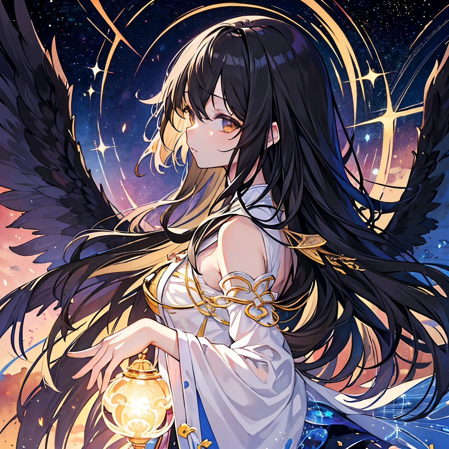 (masterpiece、top-quality、top-quality、watercolor paiting(afro), Official art、(Beautifully Aesthetic:1.2)、(1girl in:1.3)、(Fractal Art:1.3)、The upper part of the body、From Side、looking at the viewers、patterns、Black wings、(Dark hair、Half black、half golden hair:1.2)、Eau、liquids、云、colourfull、starrysky、stele、Splashes of bright colors