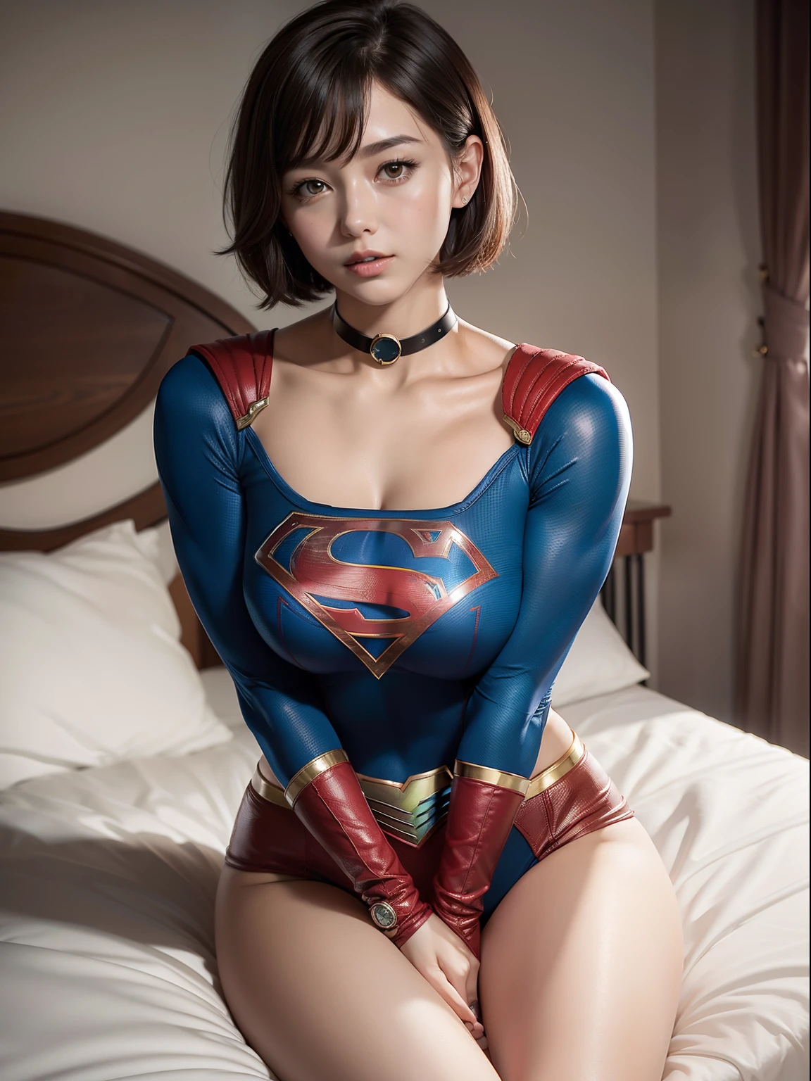 Super masterpiece,Short-haired Supergirl sitting on bed、Plump 、Looking at the camera、a choker、bare-legged、Weekly magazine cover、Cheerful pose、highleg、a miniskirt、Tight costumes、seduces