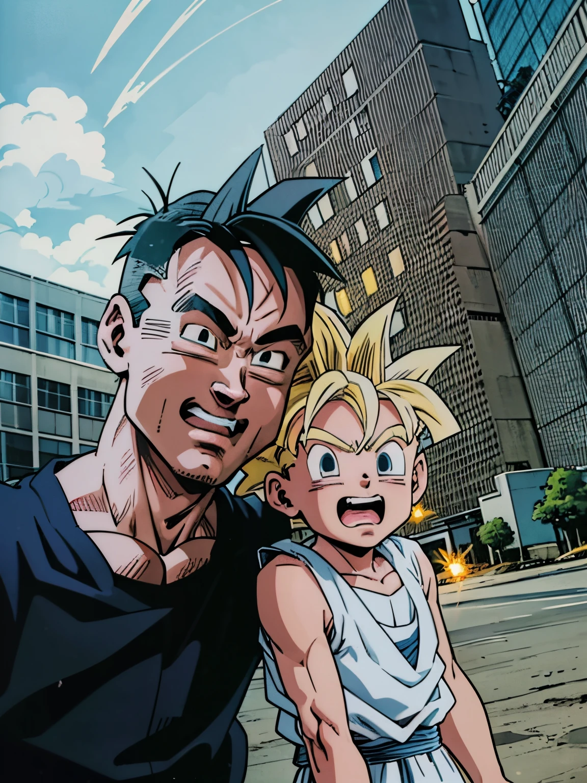 there is a man and a boy that are standing together,super saiyan, yellow hair,super saiyan goku, super sayan, super sayian goku, super saiyan 3, going super saiyan, dragon ball concept art, dragon ball artstyle, 4 k manga wallpaper, goku from dragon ball, an epic anime of a energy man, 4k anime wallpaper,((close mouth)),((Anime, comics, comic faces:1.3))