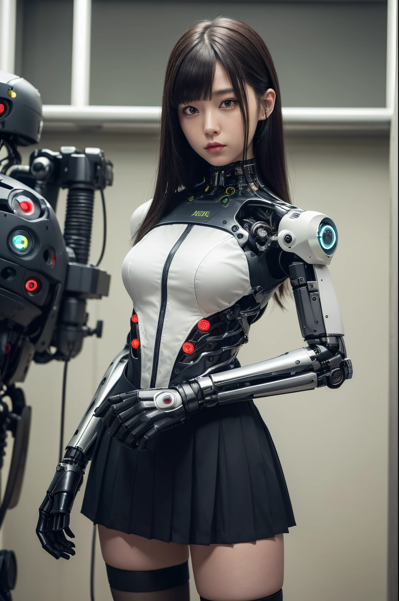 masutepiece, Best Quality, Extremely detailed, (Photorealistic:1.4),(Raw photo) (8K, 4K, Best Quality, hight resolution, 超A high resolution:1.1), (masutepiece, Realistic, Photorealsitic:1.1), 1girl in, Japaese Cyborg Girl,Plump ,Navy Pleated Mini Skirt,Black High Socks,control panels,android,Droid,Mechanical Hand, ,clothes with a sense of mechanical technology, Robot arms and legs, Black Robot Parts,Black hair,Mechanical body,Blunt bangs,White abdomen,White Robotics Parts,tube dress,perfect robot woman,The laboratory of the future,cyberpunked,Charging spot,android factory,Robot Factory,cyborg factory,Long Tube,A thick cable connects her neck,ceramic body ,complete eyes,Striking eyes,Mechanical body, head antenna,mechanical ear covers,android,robot humanoid,