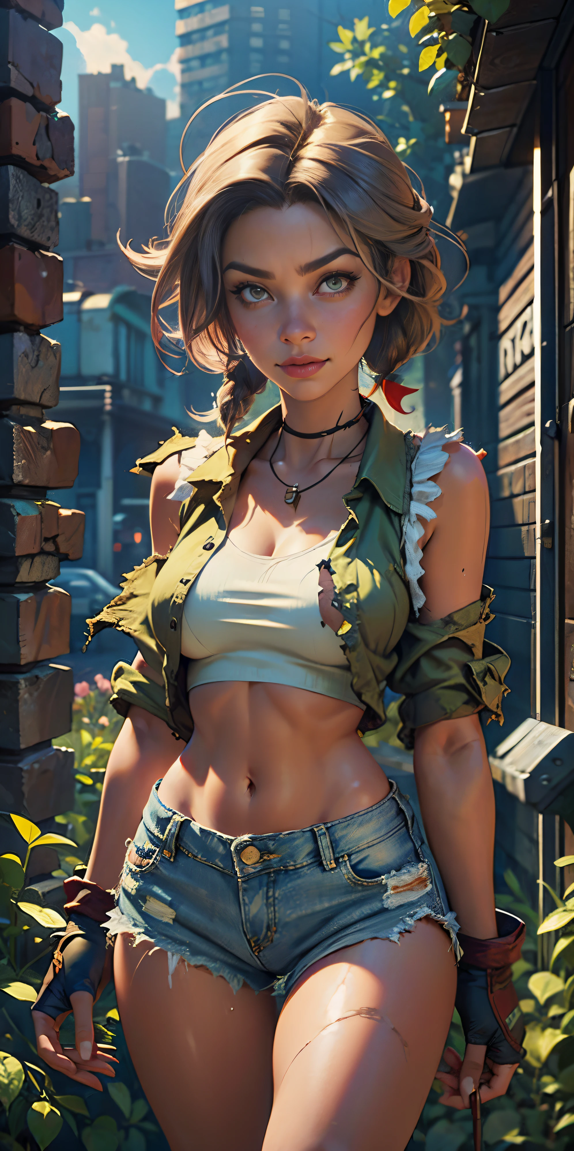 2076 year. N.uh. The Urban Ruins of the Wasteland, Female huntress picking fruit in the garden, beautiful face, torn shirt and denim shorts ,  long legs, sweating through, sun rising, Nice warm colors, head to toe full body shot