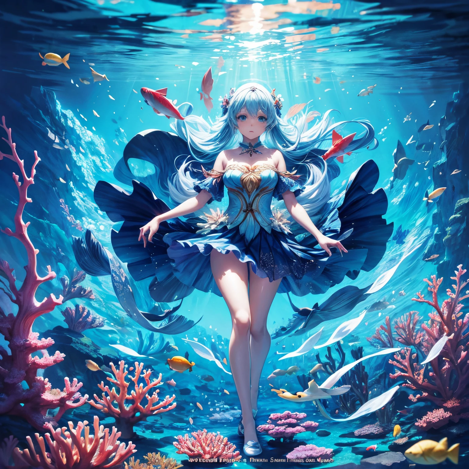 anime girl standing on a coral reef with fish and a bird, wallpaper anime blue water, trending on artstation pixiv, beautiful anime artwork, anime fantasy illustration, anime fantasy artwork, detailed anime art, beautiful anime art, magical ocean, official anime artwork, goddess of the ocean, high detailed official artwork, high definition anime art, detailed anime artwork