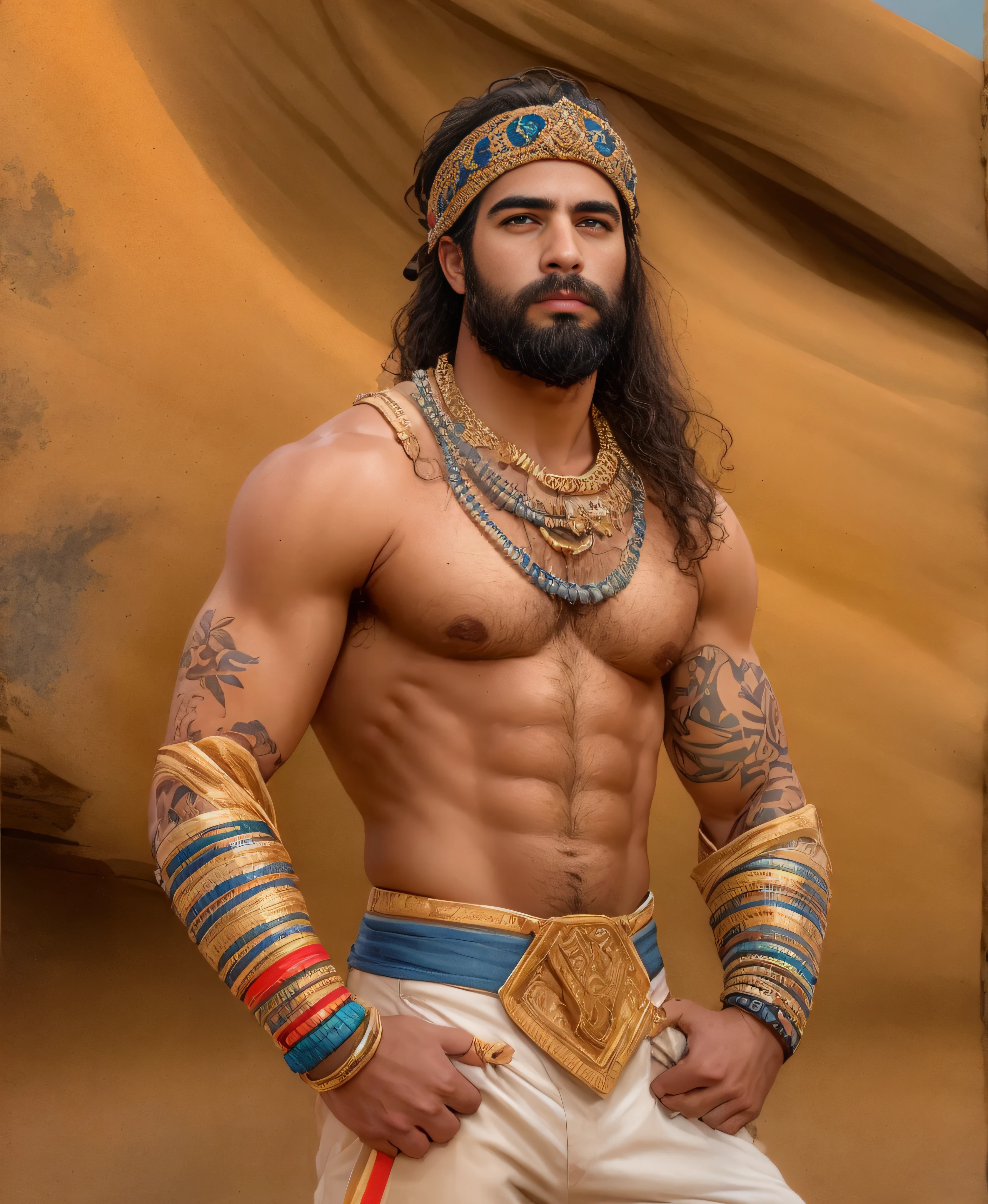 Retrato de un joven, musculoso muy guapo y atractivo guerrero egipcio, frente a un desierto de arena, barba delineada, cuerpo peludo, ricas joyas coloridas y doradas, primer plano, pose real y actitud.