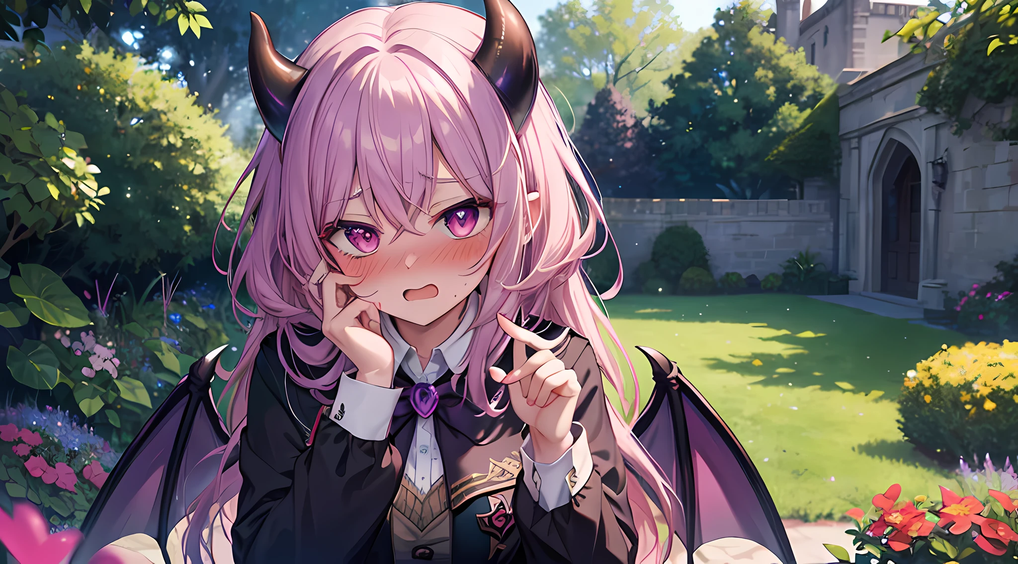 masterpieces, 8k, ultra HD, demon girl, hogwarts uniform, elegant pose in garden, hand, demon girl, demon horn, purple hair, glare, (blushing: 1.5), open mouth, licking finger, heart eyes, in garden full of flower, noon time