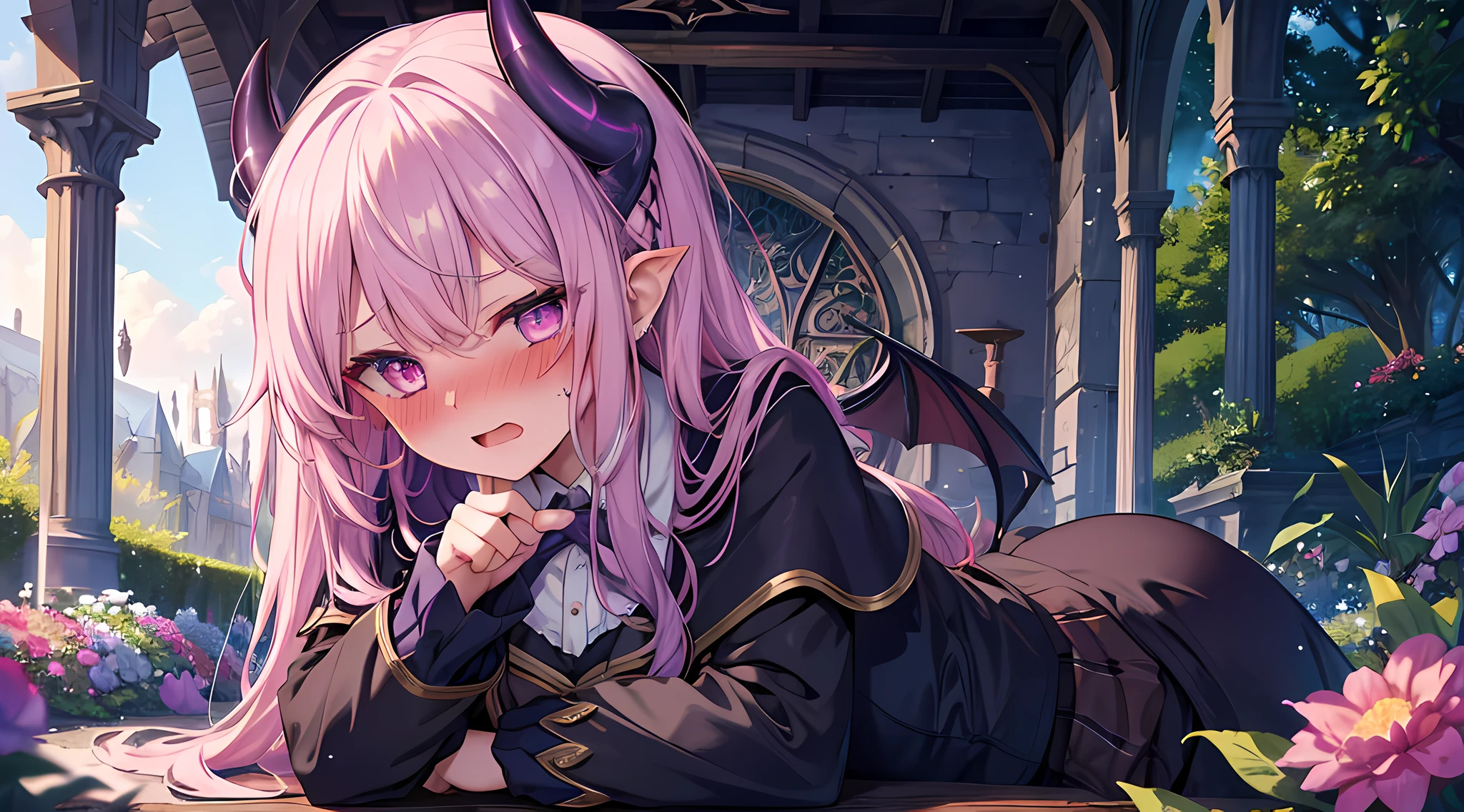 masterpieces, 8k, ultra HD, demon girl, hogwarts uniform, elegant pose in garden, hand, demon girl, demon horn, purple hair, glare, (blushing: 1.5), open mouth, licking finger, heart eyes, in garden full of flower, noon time