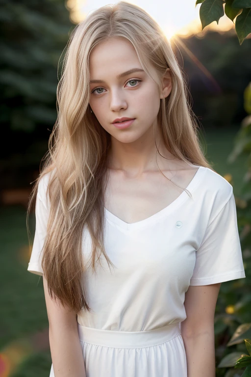 ((irish -tee excited girl, t-shirt style dress, V-neck, ,  with small hair, close-up from thighs to face, shot from below, very light freckled skin, very long hair, wavy hair, blonde hair, garden, sunrise, photorealistic, indirect lighting, volumetric light, ray tracing, hyper-detailed, best quality, ultra-high resolution, HDR, 8k