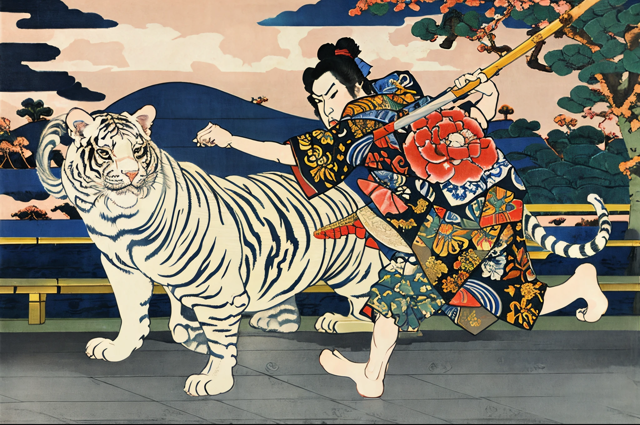 extreme quality, Ukiyo-e, Utagawa Kuniyoshi, byakko-tai, white tiger,
blizzard, bamboo, HDR, UHD, 8K,