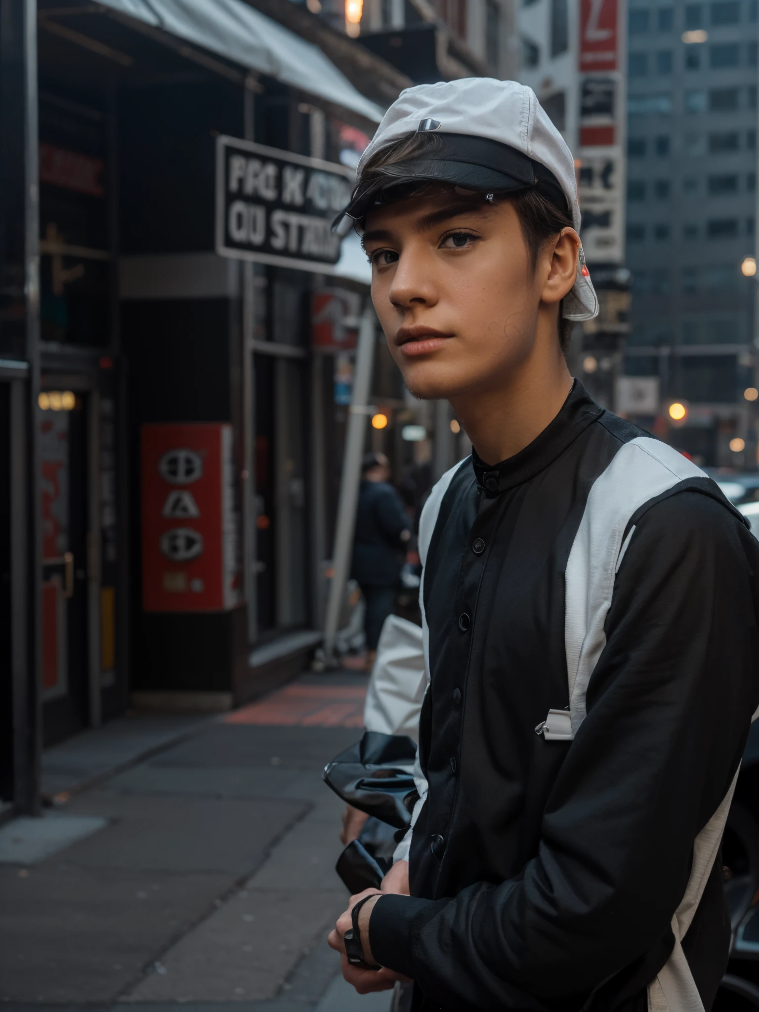 Change background to newyork city behind lexux car, to 17,it body, coth color to black