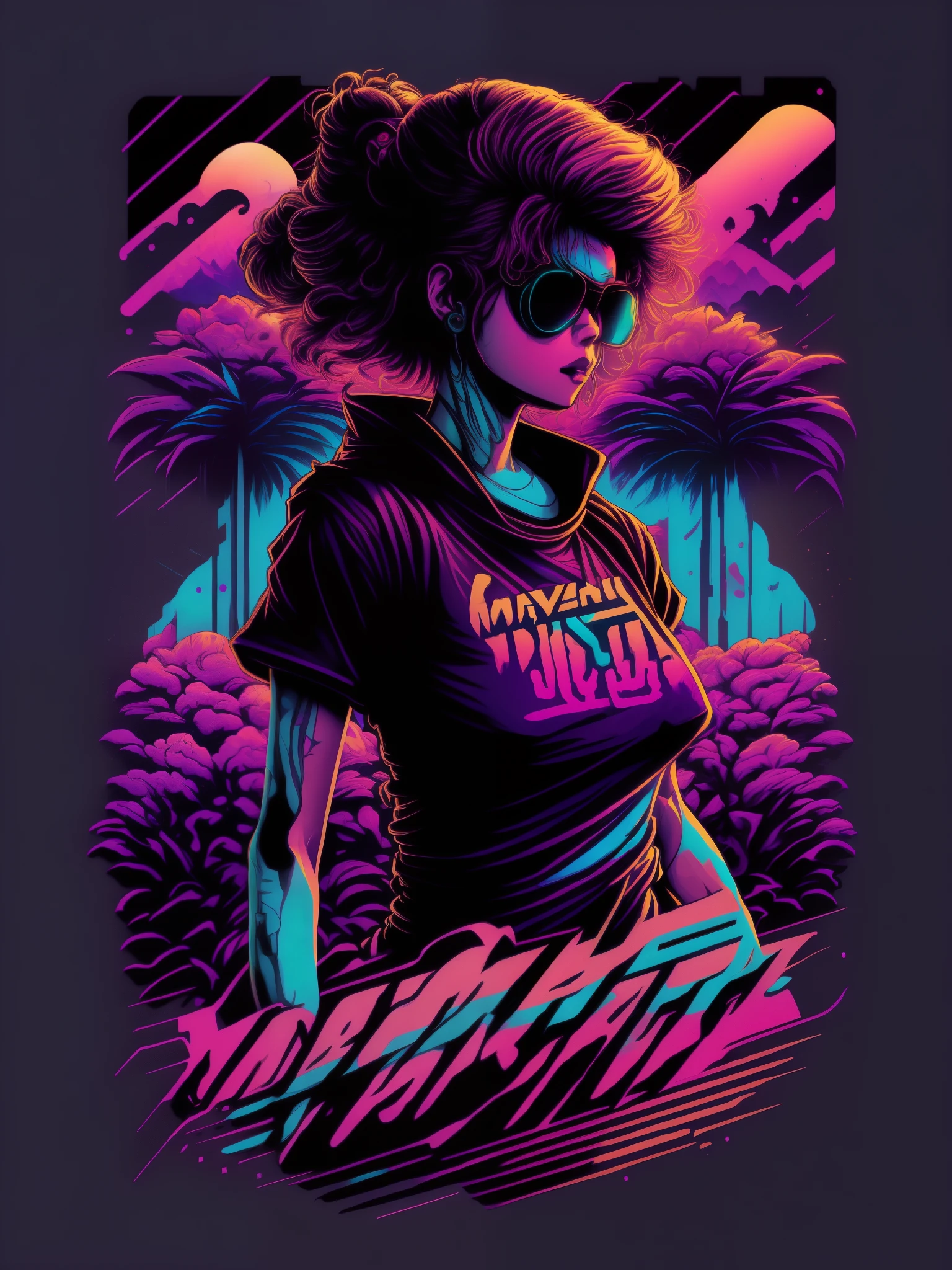 Retrowave bikini models, pole dance, stickers, sharp focus, detailed, comics, graffiti, ink, graphics, golden ratio composition, rich colors, design for t-shirt