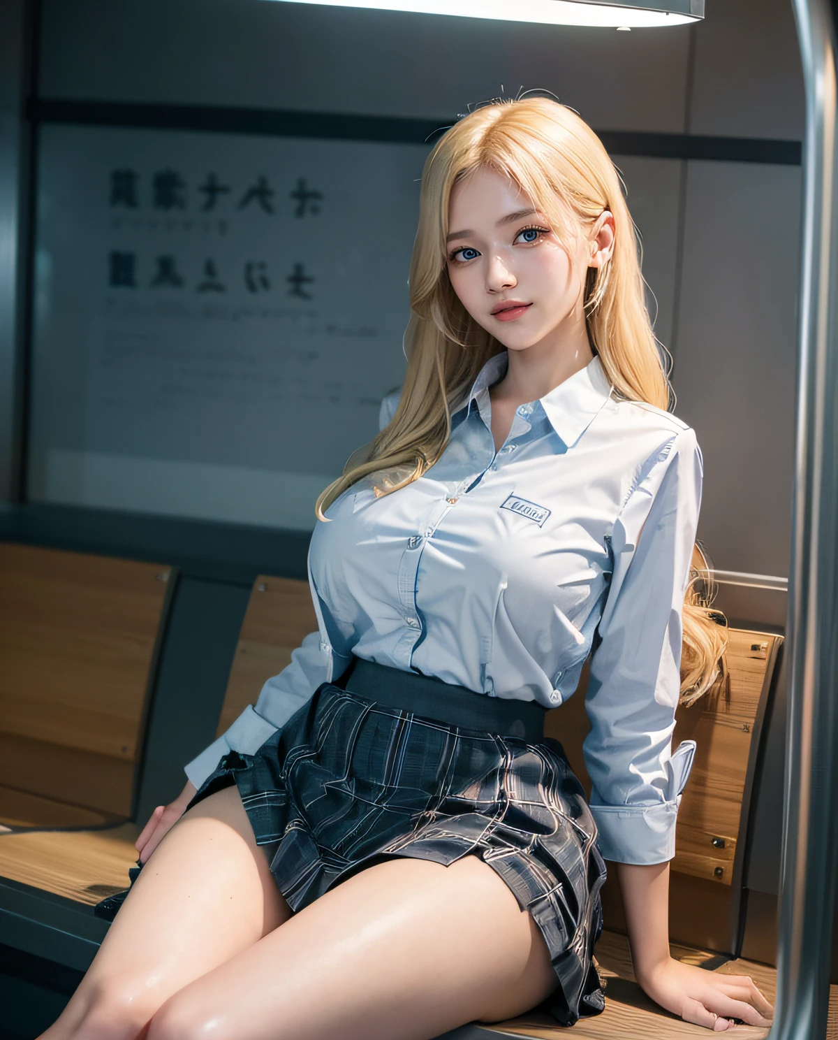 1girl, (Blue Eyes), smiling, (Sana Minatozaki), wide hips, Big Boobs, big ass, (Best Quality, 8k, Masterpiece: 1.3), Clear Focus: 1.2, Perfect Body Beauty: 1.4 , Slender Abs: 1.2, Highly detailed face and skin texture, detailed eyes, double eyelids, (blonde long hair), (open shirt with neck), (showing the tits: 1.3), (blue office long skirt), standing in class room, High school teacher, teaching class at school, blackboard background