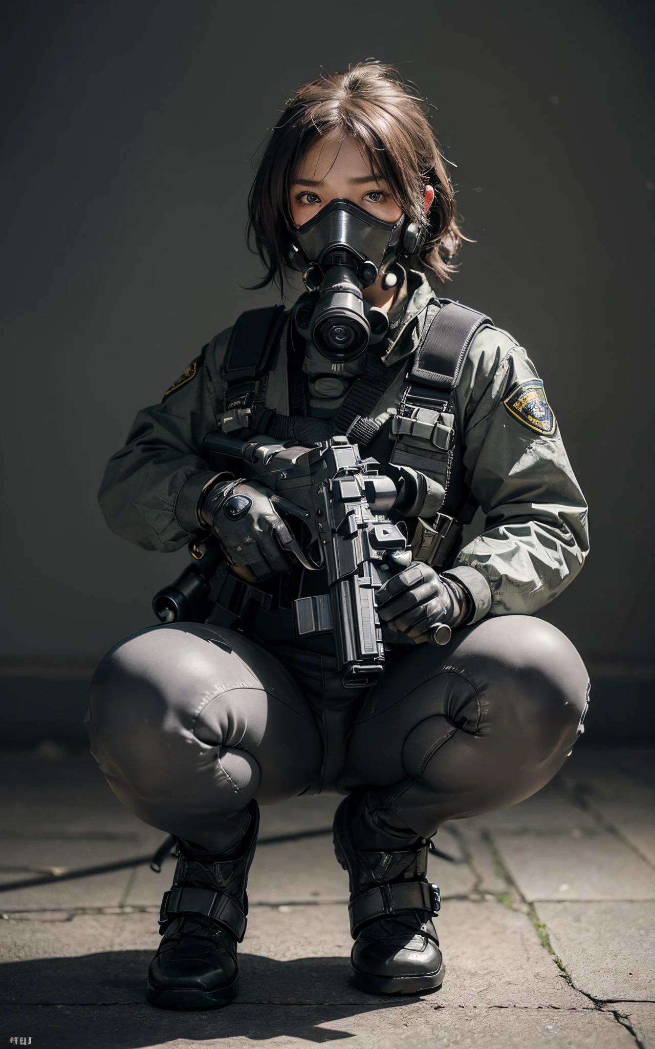 ((best quality, (masterpiece), photorealistic, photorealism, Photorealistic, high resolution)), 1girl full body, aiming with an assault rifle, another girl squatting behind, Combat pose, a bit chubby, (Detailed face), (wearing rash-guard likes police uniform, gloves, black and grey mecha, wearing futuristic-gasmask, military harness, holding a machinegun, carrying hich-tech-launcher), background grey wall, Fingers are occluded