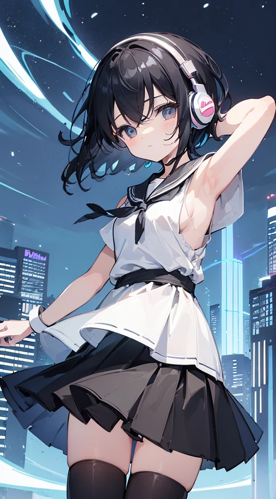 (Top quality illustrations:1.5)、(ultra-detailliert) 、(The background is the cityscape)、(Cute little girl s:1.0)、(女の子1人:1.0)、(Short black hair:1.0)、(School Uniforms:1.0)、(Waist to upper body:1.0)、17 age、Wearing headphones、D-cups、
