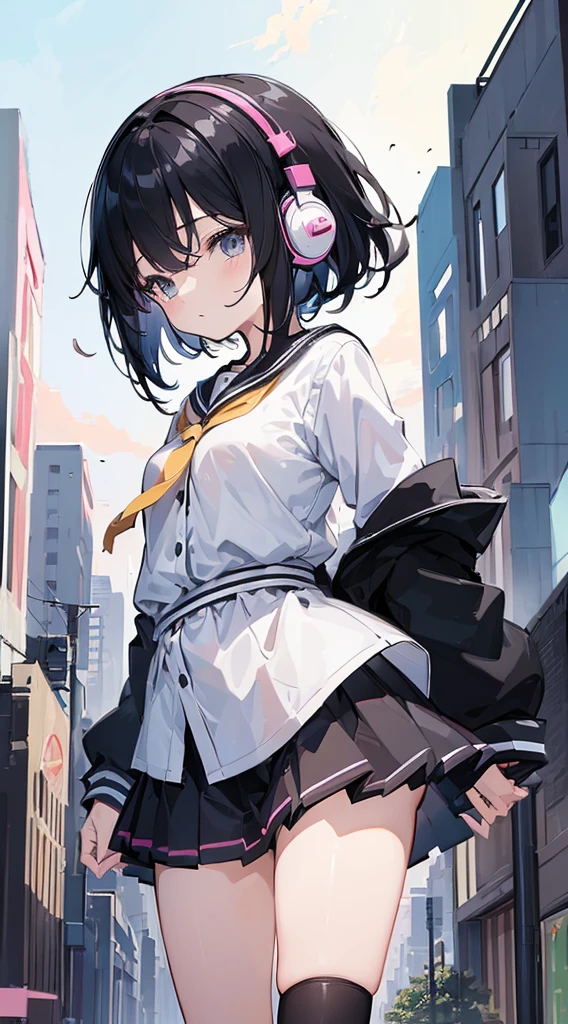 (Top quality illustrations:1.5)、(ultra-detailliert) 、(The background is the cityscape)、(Cute s:1.0)、(女の子1人:1.0)、ort black hair:1.0)、(School Uniforms:1.0)、(Waist to upper body:1.0)、17 age、Wearing headphones、D-cups、