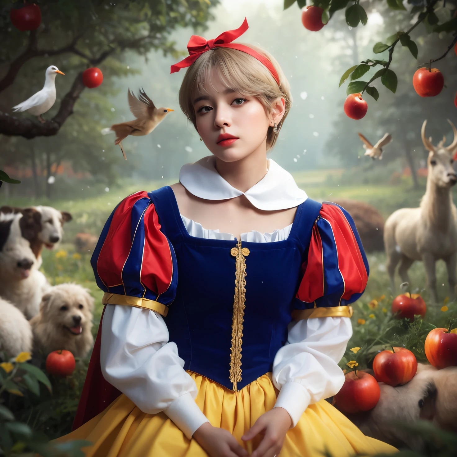 hay una mujer vestida con un vestido blanco como la nieve rodeada de animales, Blancanieves, pale snow white skin, Retrato de Blancanieves, 4K HD. Cabello blanco como la nieve, Obras de arte al estilo de Guweiz, inspirado por Jin Nong, Sakimichan Frank Franzzeta, Fanart oficial, Modelo IG | Artgerm, Arte de Jinyoung Shin