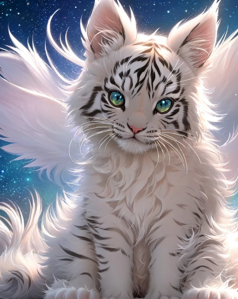 (best quality,ultra-detailed,realistic:1.37),small,glistening shiny balls,adorable white tiger cub,cute and playful,tiny paws and sharp claws,curious and innocent expression,fluffy fur with delicate stripes,bright and vibrant colors,soft and warm lighting,playful chibi style,precious little creature,enchanting and magical scene