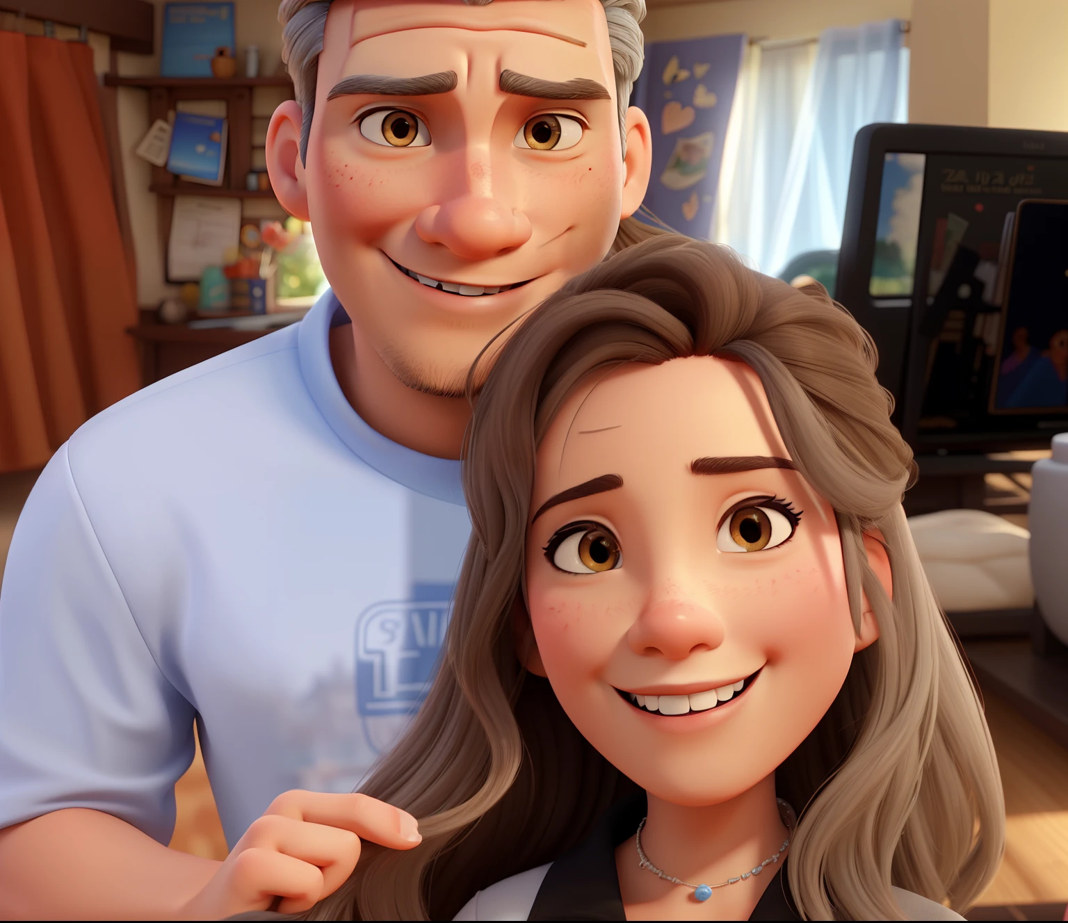 Young Filipino Asian woman brown hair and white man with grey hair posing for a photo, Laugh, Happy, Long hair, Straight hair, finely detailed skin, During the day, A hot summer day, Nature lighting, detailed face:1.2, sharp focus, Hasselblad photography, masterpiece, Light makeup, cinematic lighting, 4k, best quality Disney Pixar poster 3d Animation
