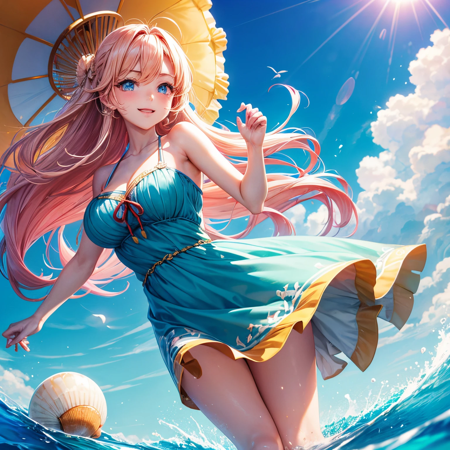 Beautiful and beautiful CG images),(Best quality at best, ultra - detailed, A high resolution),(dynamic angle, 动态照明),(1 character),(Long pink and blonde hair), eBlue eyes, Nice face), 1 girl, (long sideburn, a plant, ssmile, Long blue dress, 3 days, the ocean, Eau, beach ball, sea shell, and the sun was shining brightly, Windy