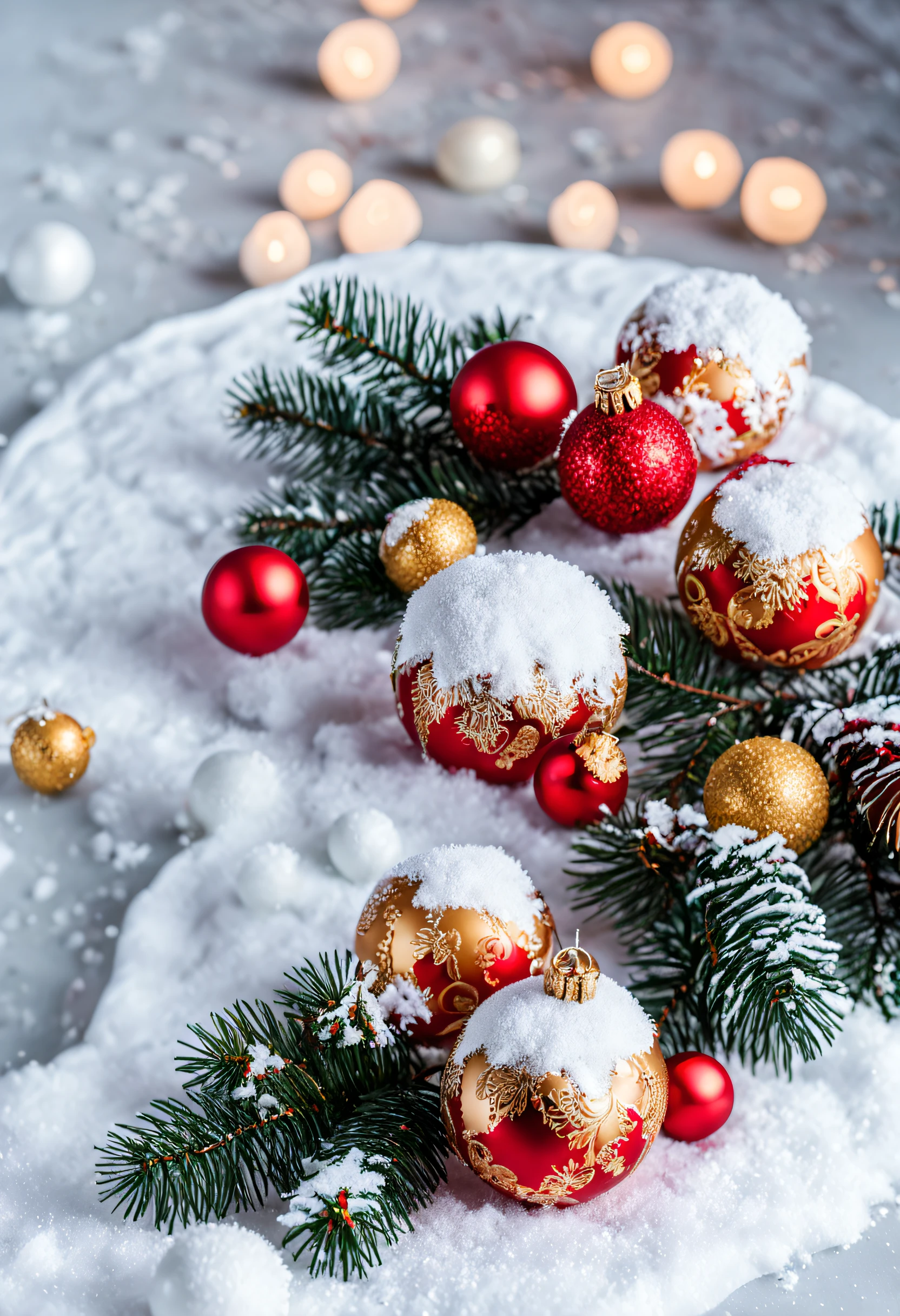 professional photography for social networks, at the top there is a fir branch with decorations, snow and garlands, central part and lower white background, feeling of warmth, beauty and comfort.