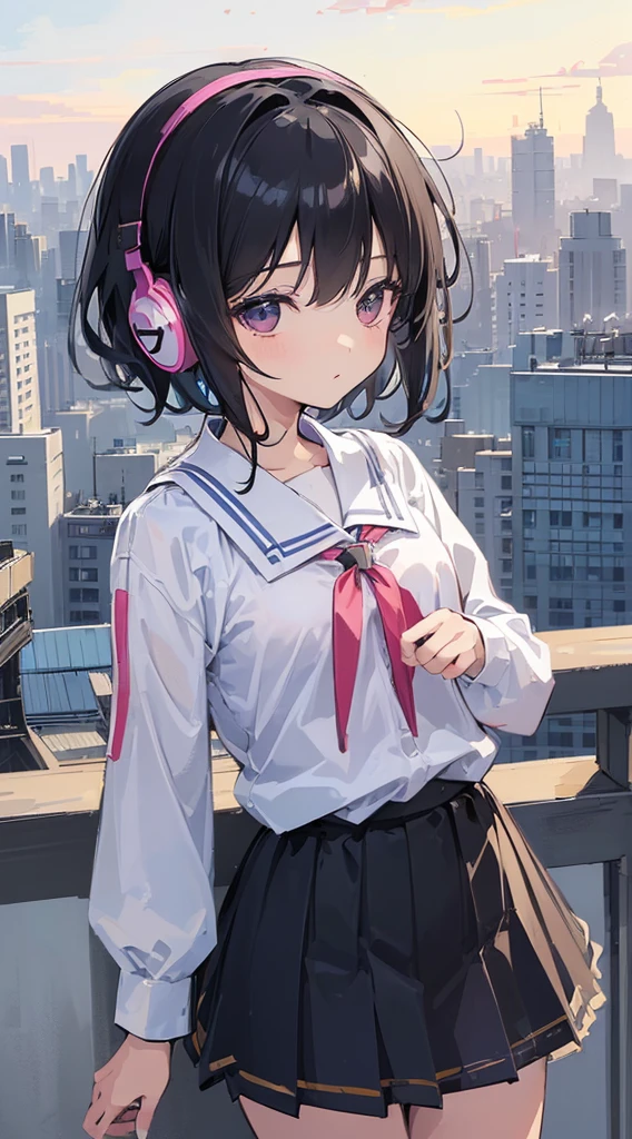 (Top quality illustrations:1.5)、(ultra-detailliert) 、(The background is the cityscape)、(e litrl s:1.0)、(女の子1人:1.0)、(Short black hair:1.0)、(School Uniforms:1.0)、(Waist to upper body:1.0)、17 age、Weheadphones、D-cups、