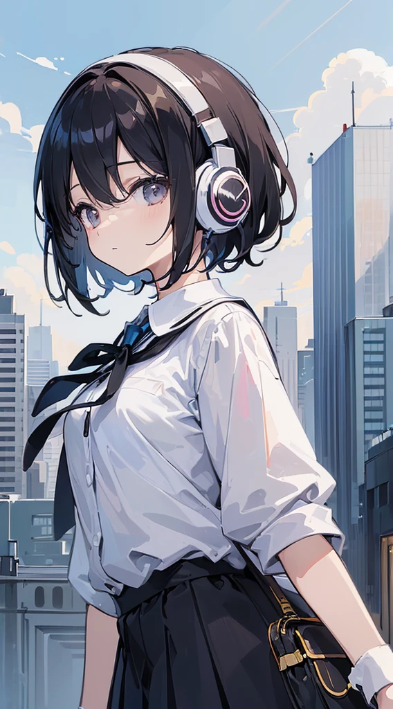 (Top quality illustrations:1.5)、(ultra-detailliert) 、(The background is the cityscape)、(Cute s:1.0)、(女の子1人:1.0)、ort black hair:1.0)、(School Uniforms:1.0)、(Waist to upper body:1.0)、17 age、Wearing headphones、D-cups、