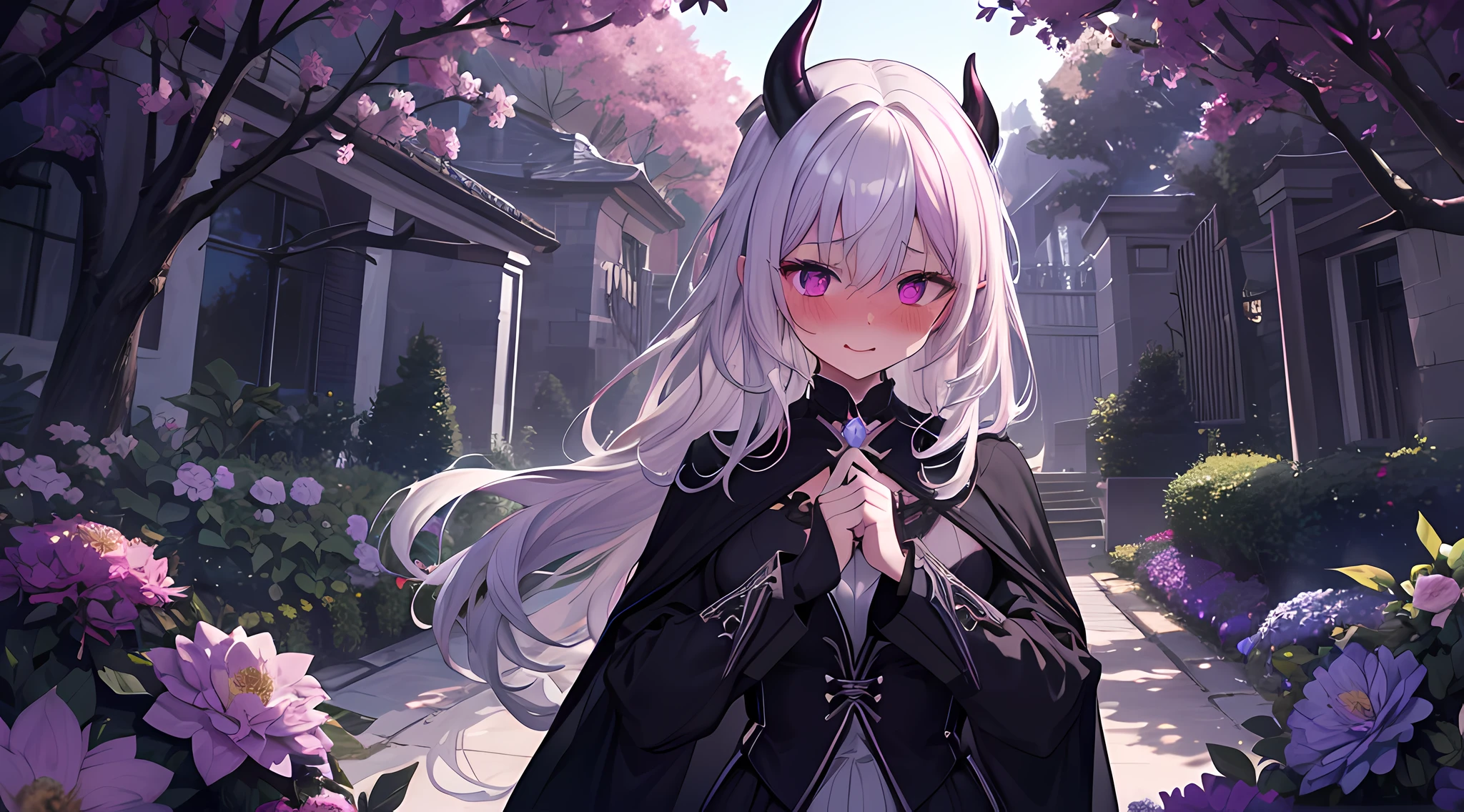 masterpieces, 8k, ultra HD, demon girl, (black and white hair, two tone hair color) hogwarts uniform, elegant pose standing in garden, hand, demon girl, demon horn, purple hair, glare, (blushing: 1.5), open mouth, licking finger, heart eyes, in garden full of flower, daytime