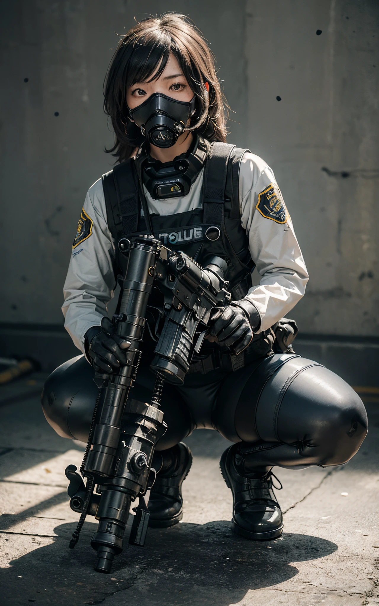 ((best quality, (masterpiece), photorealistic, photorealism, Photorealistic, high resolution)), 1girl full body, aiming with an assault rifle, another girl squatting behind, Combat pose, a bit chubby, (Detailed face), (wearing rash-guard likes police uniform, gloves, black and grey mecha, wearing futuristic-gasmask, black tights, military harness, holding a machinegun, carrying hich-tech-launcher), background grey wall, Fingers are occluded