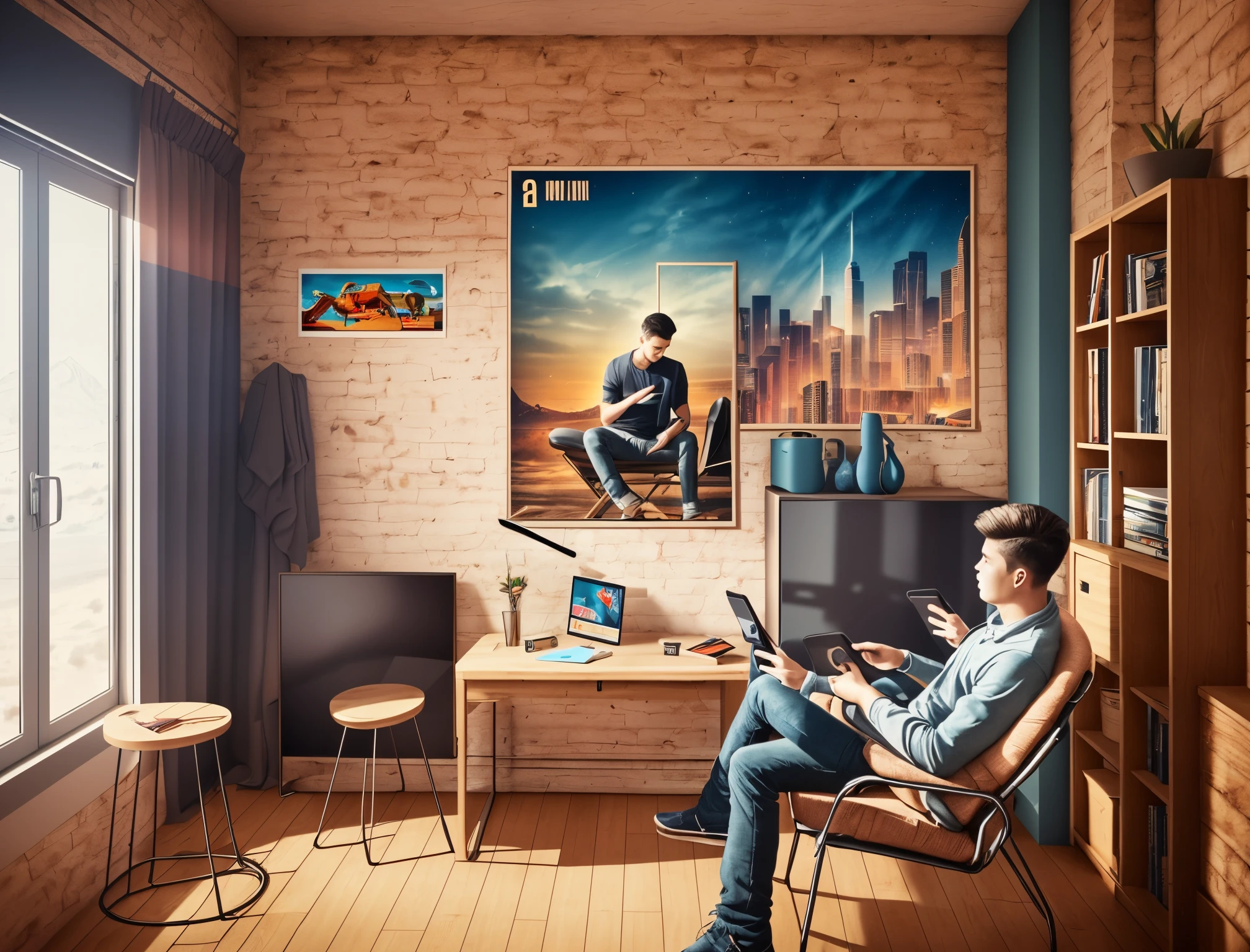 A young man is sitting in a chair, playing a mobile game. The room has warm tones, and various posters adorn the walls.16:9 --auto --s2