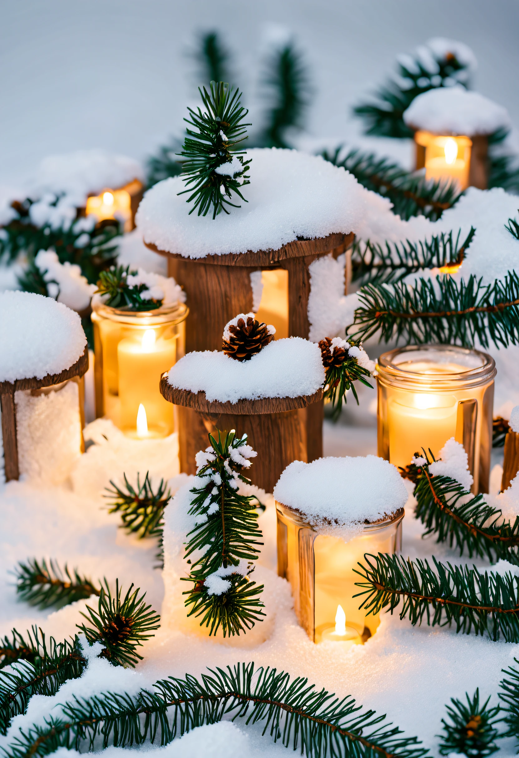 professional photography for social networks, at the top there is a fir branch with decorations, snow and garlands, central part and lower white background, feeling of warmth, beauty and comfort.