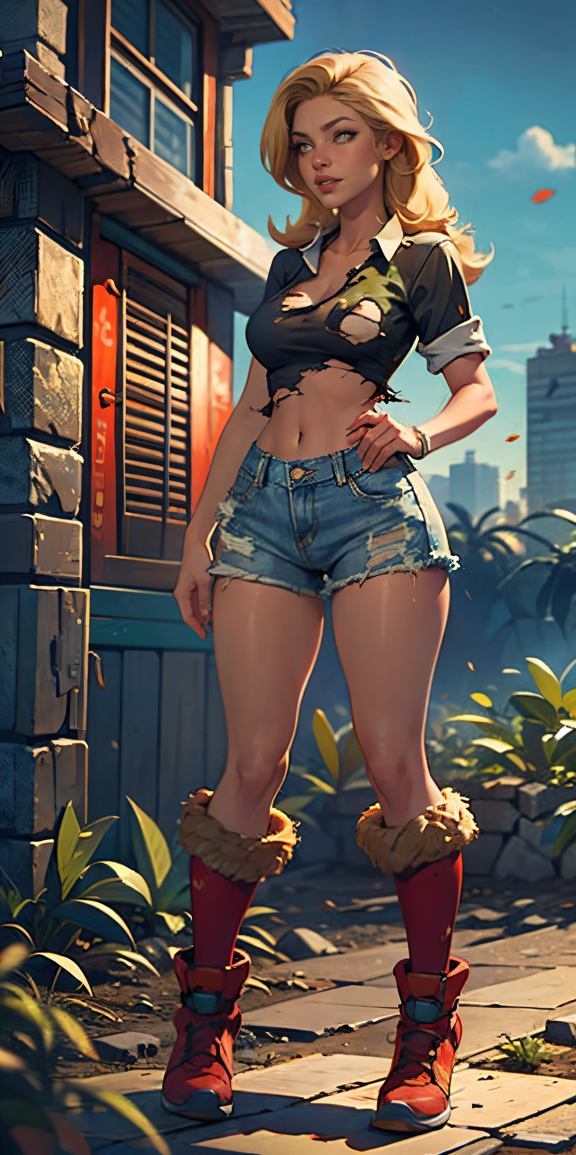 best quality, ultra-detailed, photorealistic: 1.39) masterpiece, best quality, Beautiful trees, rocky mountain, flowers, pink hair with bangs on the right side, shy smile, making a shy expression, stylish hairstyle, on the road, rice plantation, rural town, adventurer clothes, tank top and beautiful women's long boots, jacket