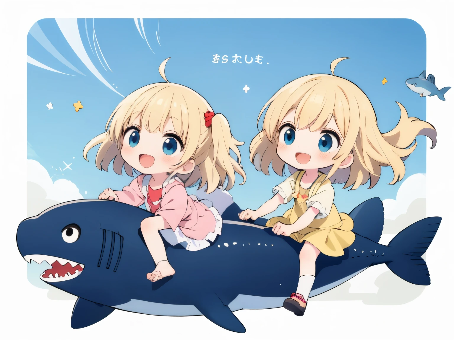 Best Quality, ultra-detailliert, kids riding on the back of a shark, 2 children, Gamine2In person, platinum-blonde-hair, Floating hair,
Smiling child,from the front side, Fluffy frilly underwear, prisma,shading