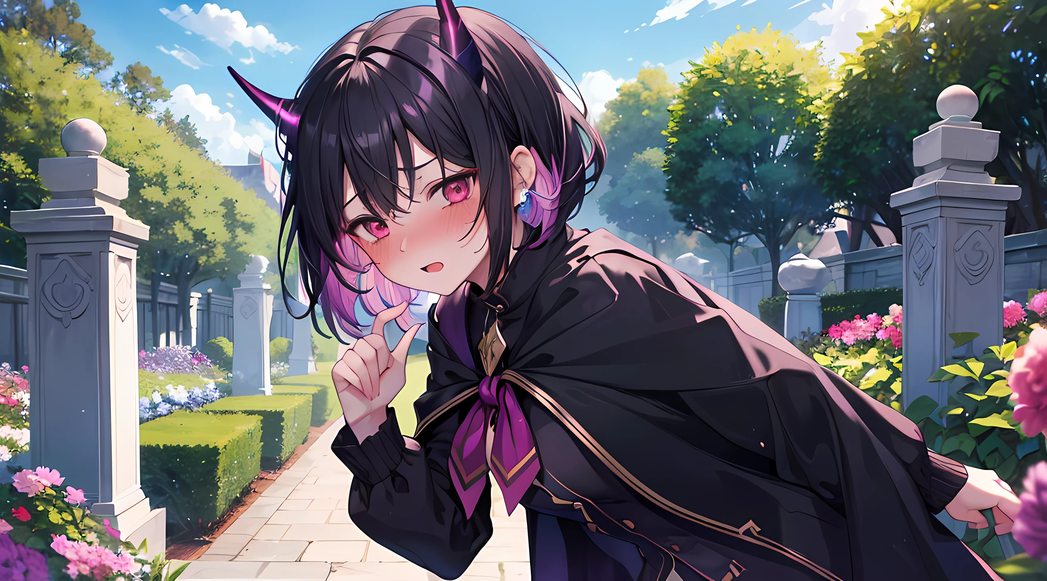 masterpieces, 8k, ultra HD, demon girl, (black hair color) hogwarts uniform, elegant pose standing in garden, hand, demon girl, demon horn, purple hair, glare, (blushing: 1.5), open mouth, licking finger, heart eyes, in garden full of flower, daytime