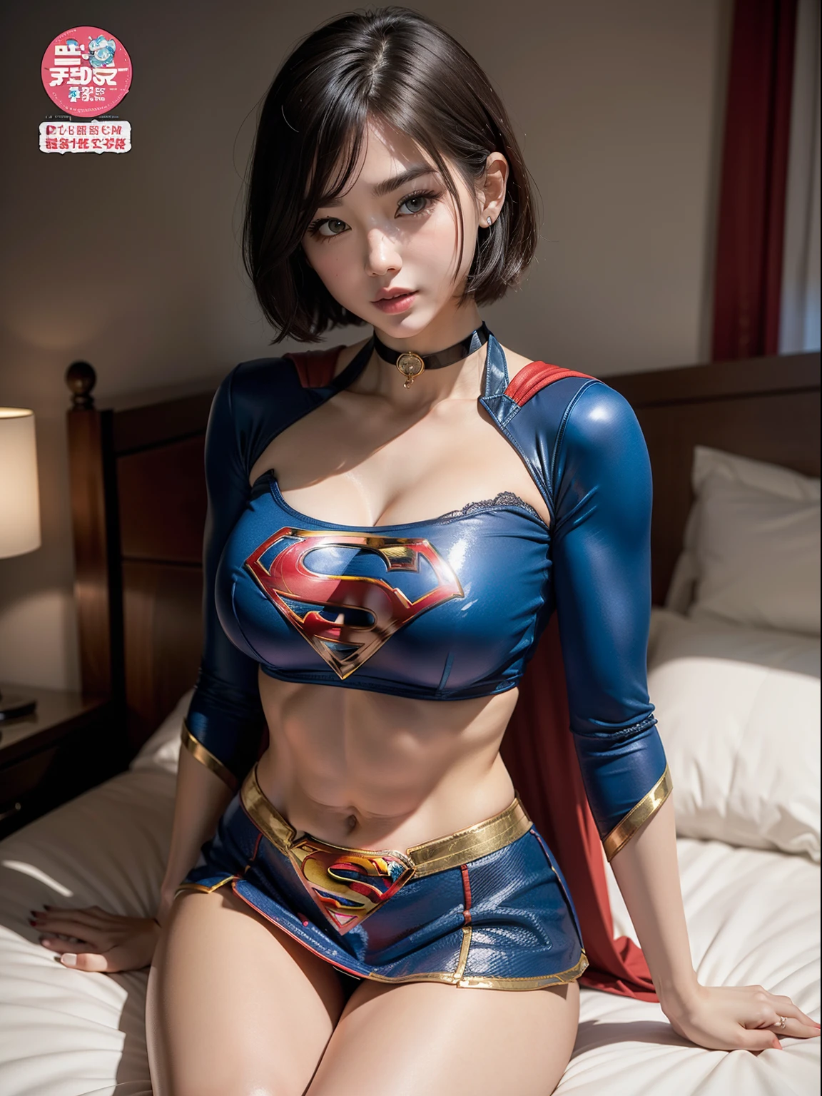 masterpiece、supergirl costume、short hair、barefoot、big and full breasts、Hotel、cum on the bed、Sexy pose to seduce、model body shape、shiny、looking at camera、、choker、long sleeve、red mini skirt、Weekly magazine cover、gravure magazine、sweaty、Exciting、off shoulder、sweaty、