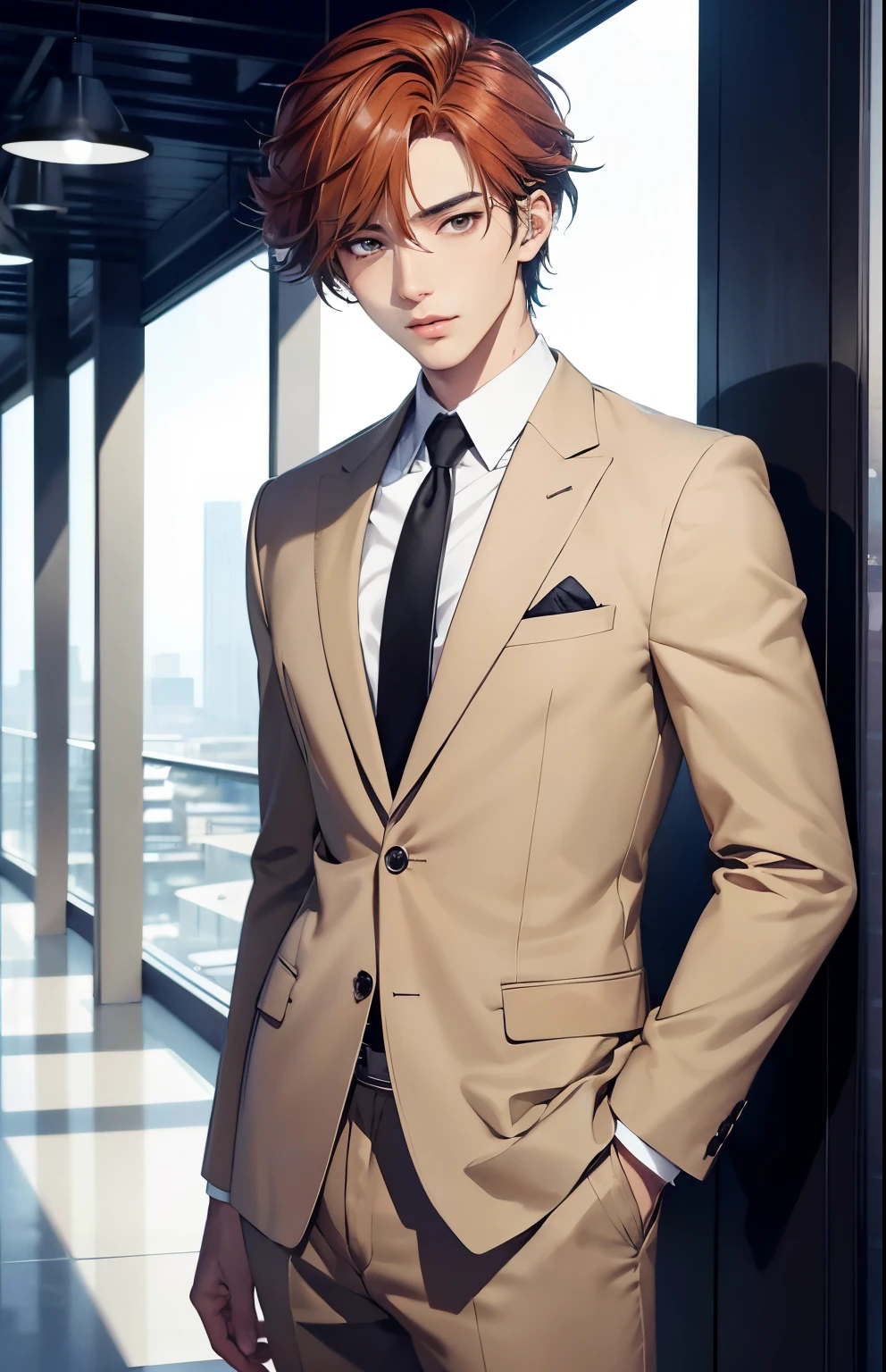 masterpiece、top-quality、hight resolution, modern office, indoor, hallway, High-quality images、8K, 1 man、skin gloss、Texture of skin and clothing、Detailed eye expression、Lustrous hair, man with orange spiky hair, Manga inspired by Lee Jong-suk, trending on deviantart, Realism, detailed manga style, manga art style, perfect lineart, beautiful line art, digital manga art ,(brown eyes, delicate eyes), plump lips, detailed handsome face,(well detailed hand), photorealistic image, depth of field, (business attire, tall), standing position, cowboy shot