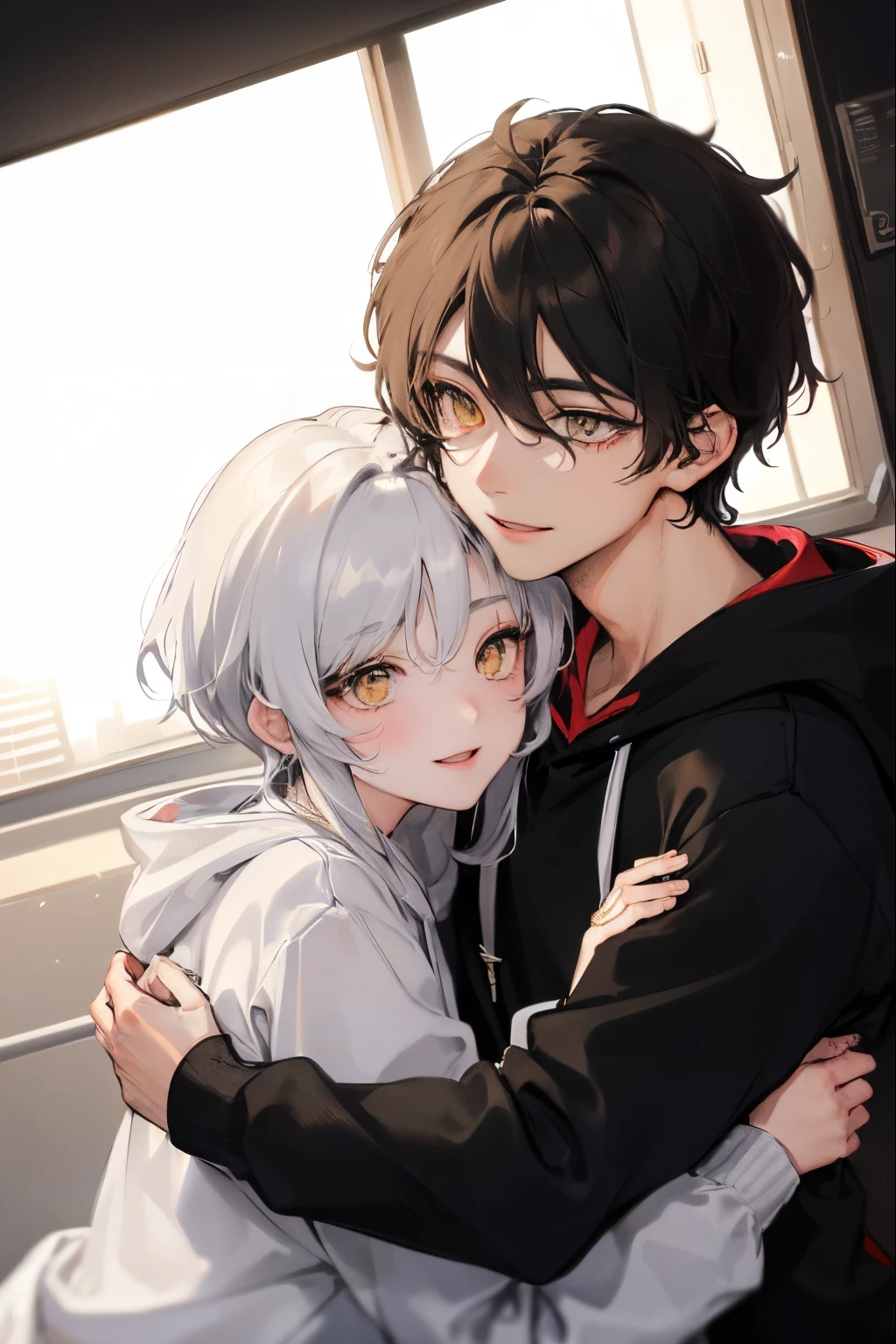 1woman, ((long white wavy hair)), swept bangs, ((golden eyes)), smile, modern clothes, hugging a ((boy with short messy black hair and black simple hoodie)) from the front