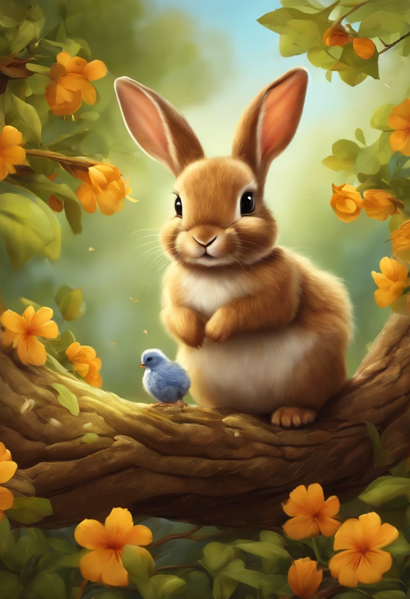 illustration: A cute rabbit standing under a tree, there is a howel in the tree, there is a bird nest with birds on the tree, the bird mom is feeding the bird babies