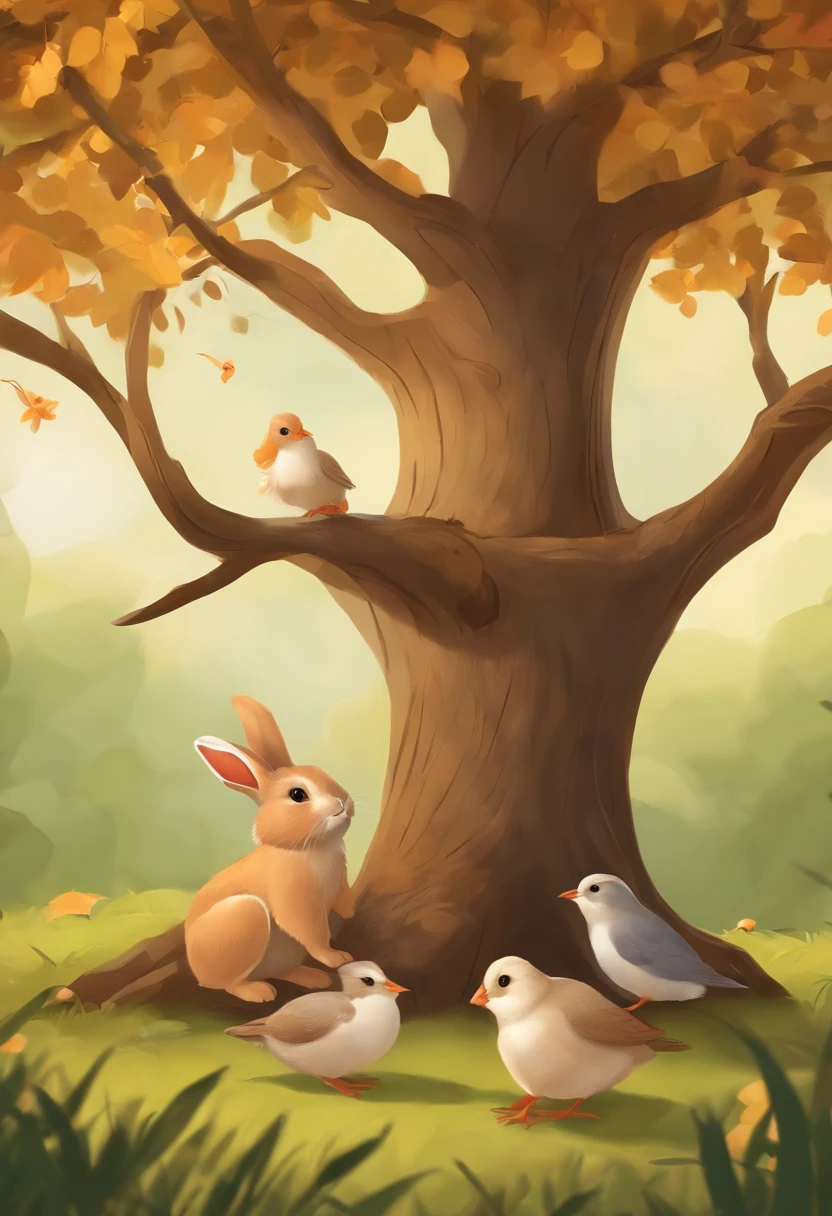 illustration: A cute rabbit standing under a tree, there is a howel in the tree, there is a bird nest with babybirds on the tree, the bird mom is feeding the bird babies
