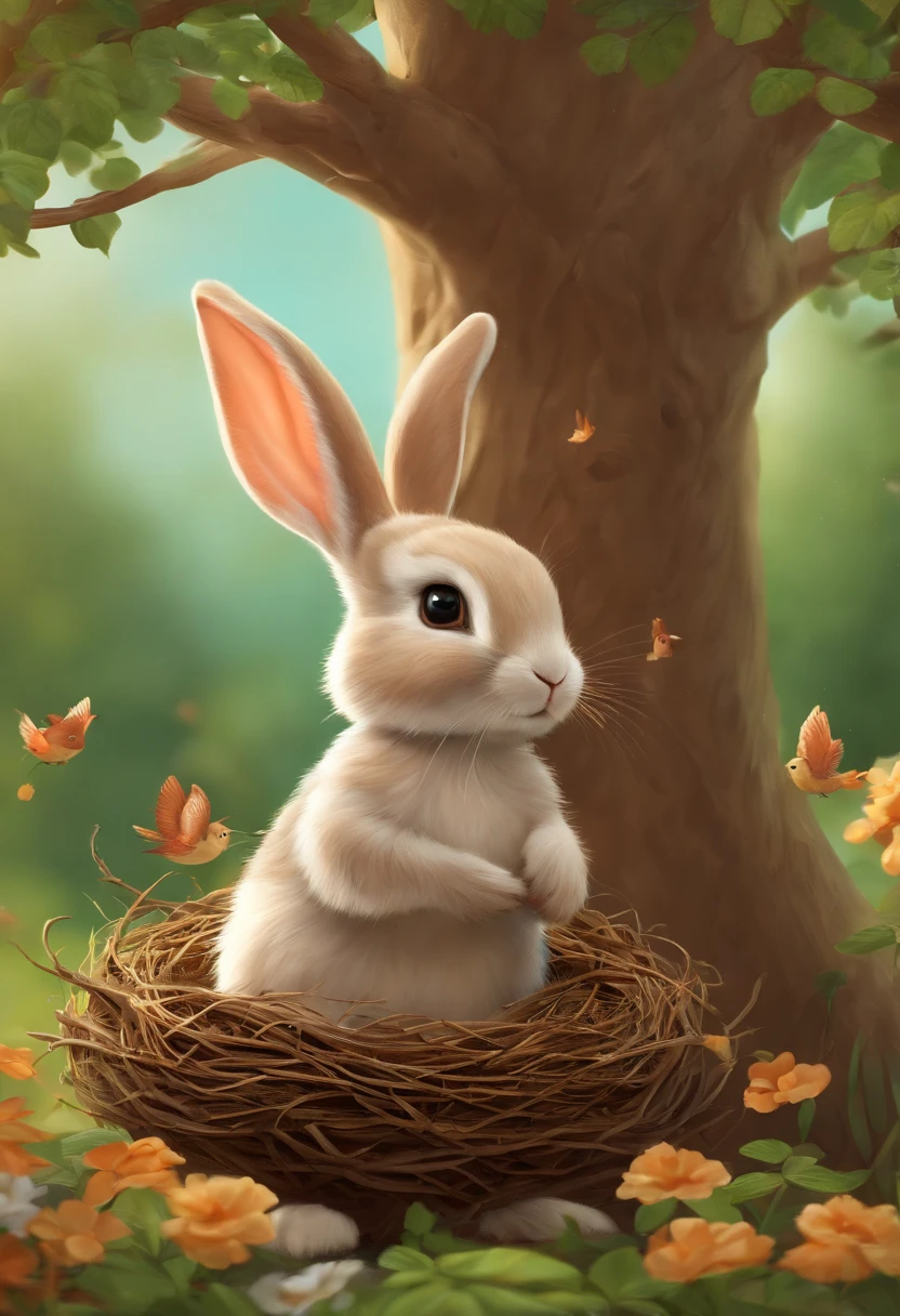 illustration: A cute rabbit standing under a tree, there is a howel in the tree, there is a bird nest with babybirds on the tree, the bird mom is feeding the bird babies