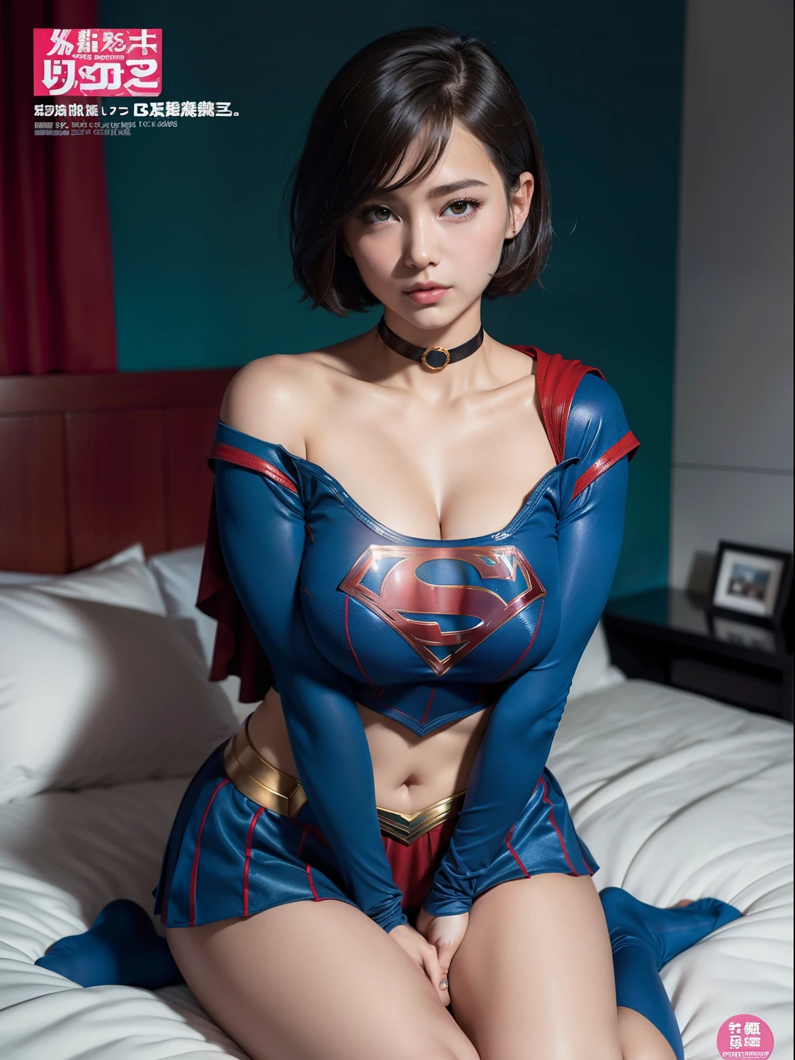 Super masterpiece,Short-haired Supergirl sitting on bed、Plump breasts、Looking at the camera、a choker、bare-legged、Weekly magazine cover、Cheerful pose、highleg、a miniskirt、Tight costumes、seduces