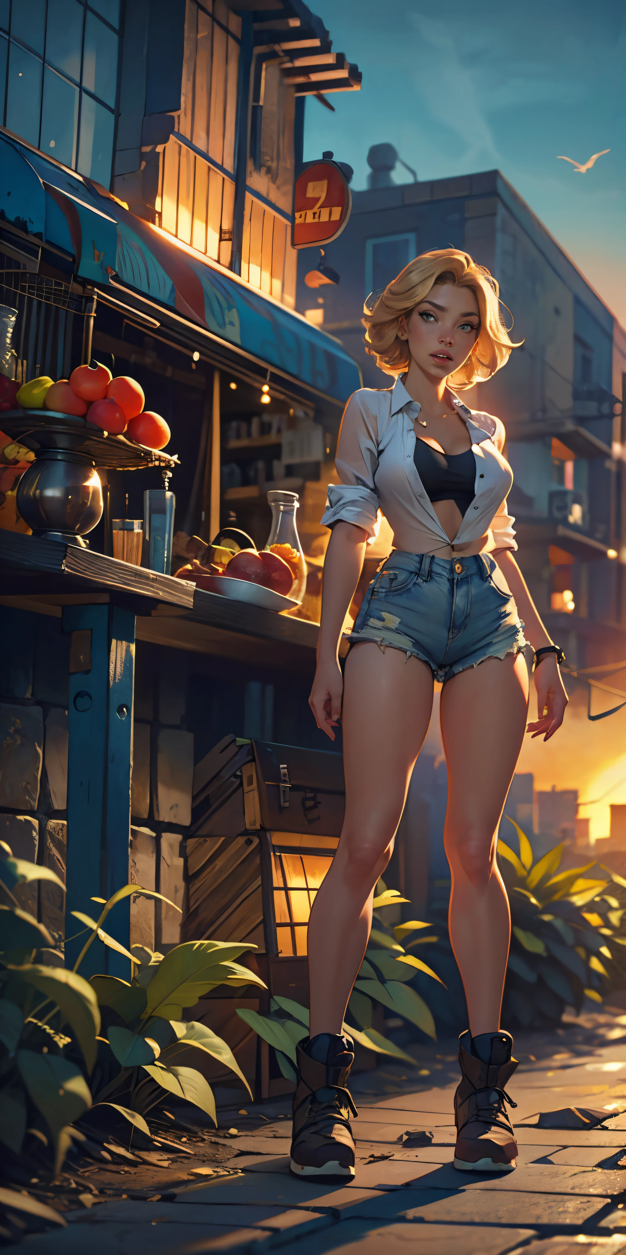 2076 year. The Urban Ruins of the Wasteland, Female huntress picking fruit in the garden, beautiful face, blonde, torn shirt and denim shorts , long legs, sweating through, sun rising, Nice warm colors, head to toe full body shot
