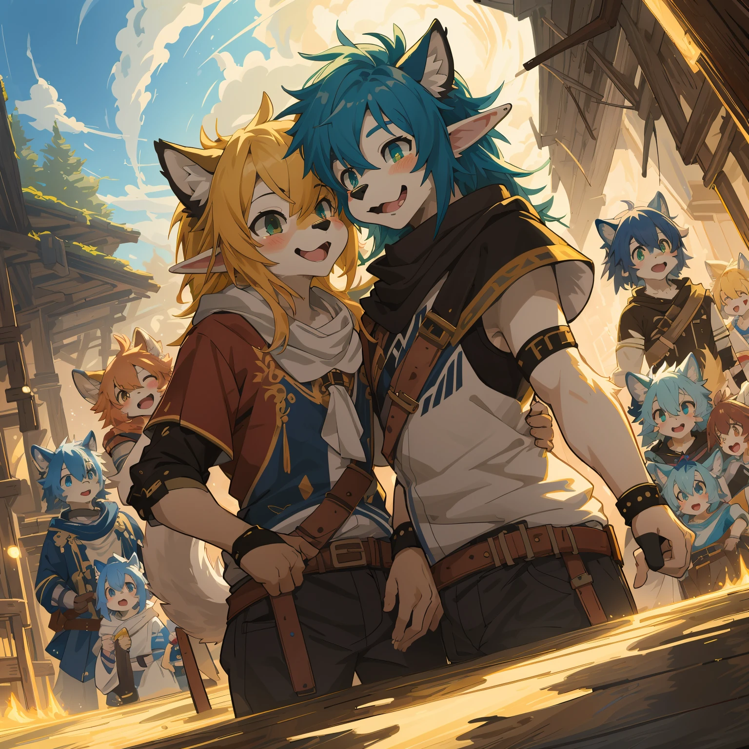 cover_page, highres, top quality, best quality, paid reward available, High-quality illustrations, unparalleled masterpiece, perfect artwork, absurdres, super high resolution, detailed background, elf punk, Beautiful World Heritage, 6+boys, 6+girls, Happy, joyful(Photo of family trip)(kemono, furry anthro)cinematic lighting, dynamic angle,