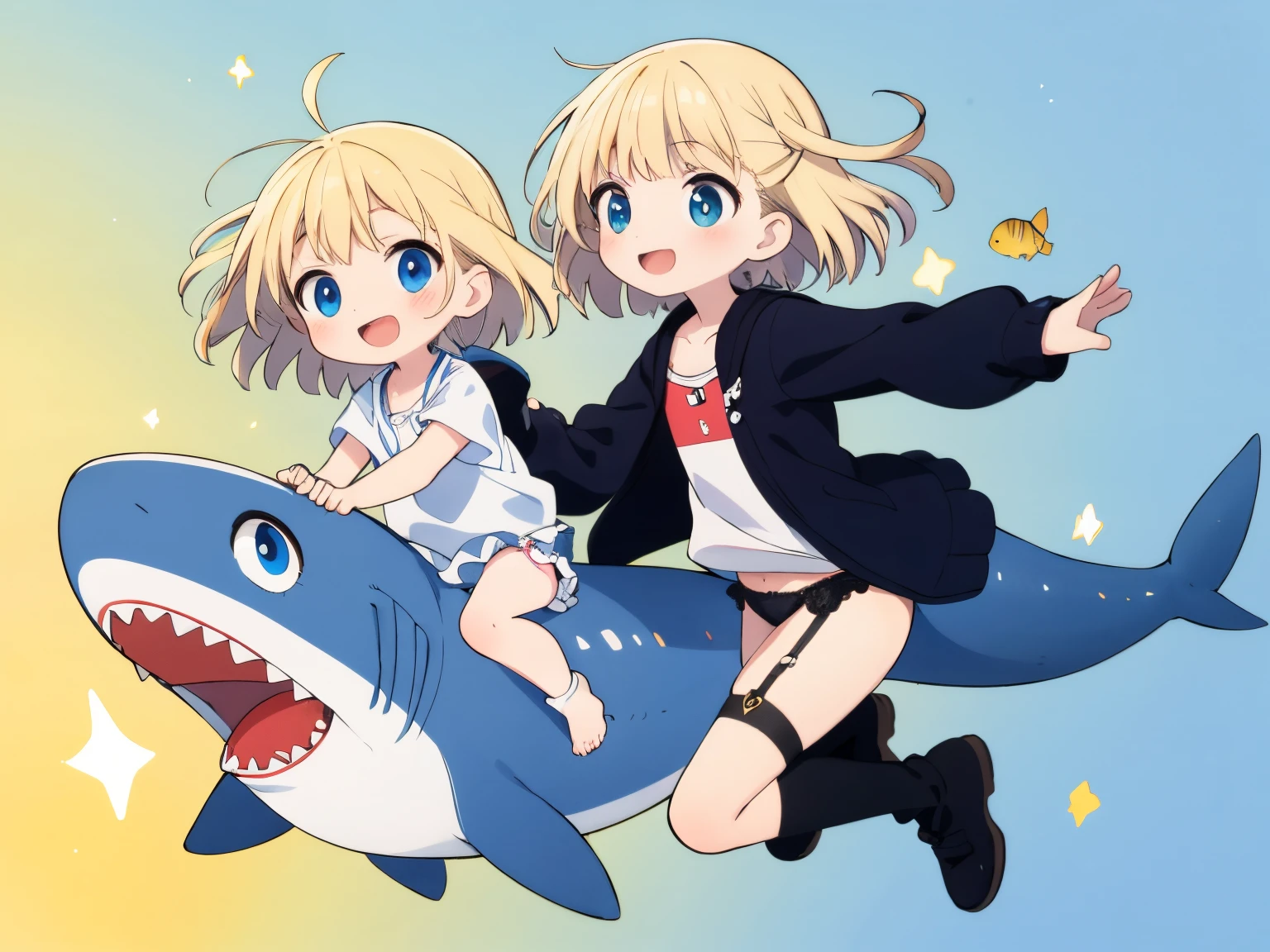 Best Quality, ultra-detailliert, kids riding on the back of a shark, 2 children, Gamine2In person, platinum-blonde-hair, Floating hair,
Smiling child,from the front side, Garter belt underwear, prisma,shading