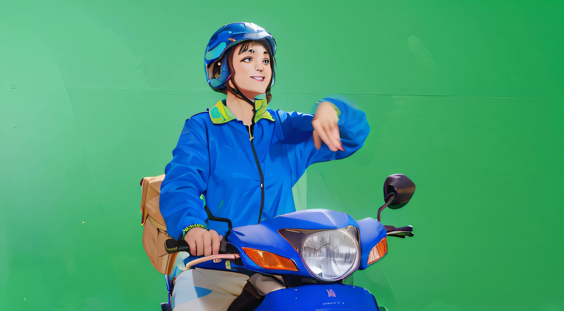 a sketch anime girl with smiling face, who wearing blue jacket and blue helmet, she riding a blue motorcycle, looking in her hand