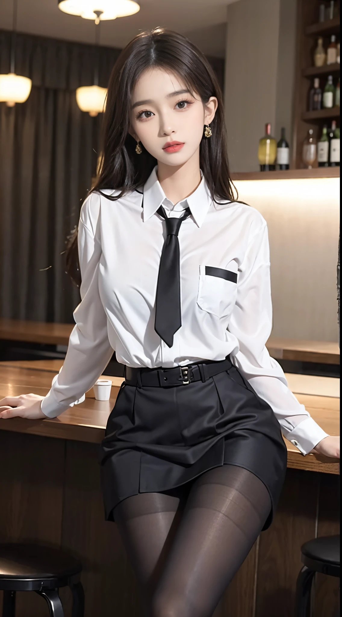 a woman in a white shirt and black leather skirt, trending on cg society, renaissance, wearing a shirt with a tie, gold silk, wearing elegant casual clothes, taken in 2 0 2 0, thick bow, valentina remenar, wide belt, wearing collar, elegant girl in urban outfit, silver, outfit: cop, absolutely outstanding image