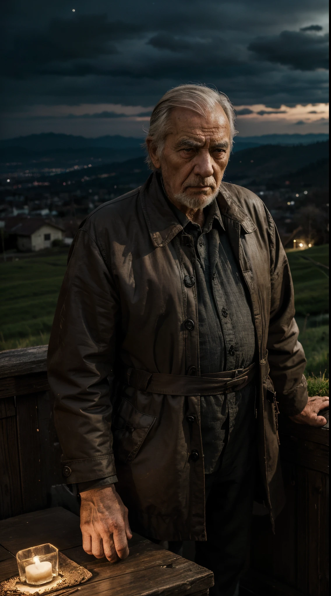 (tmasterpiece, top-quality, Best quality at best, offcial art,Old man，gloomily，Sad，nigth，hilltop