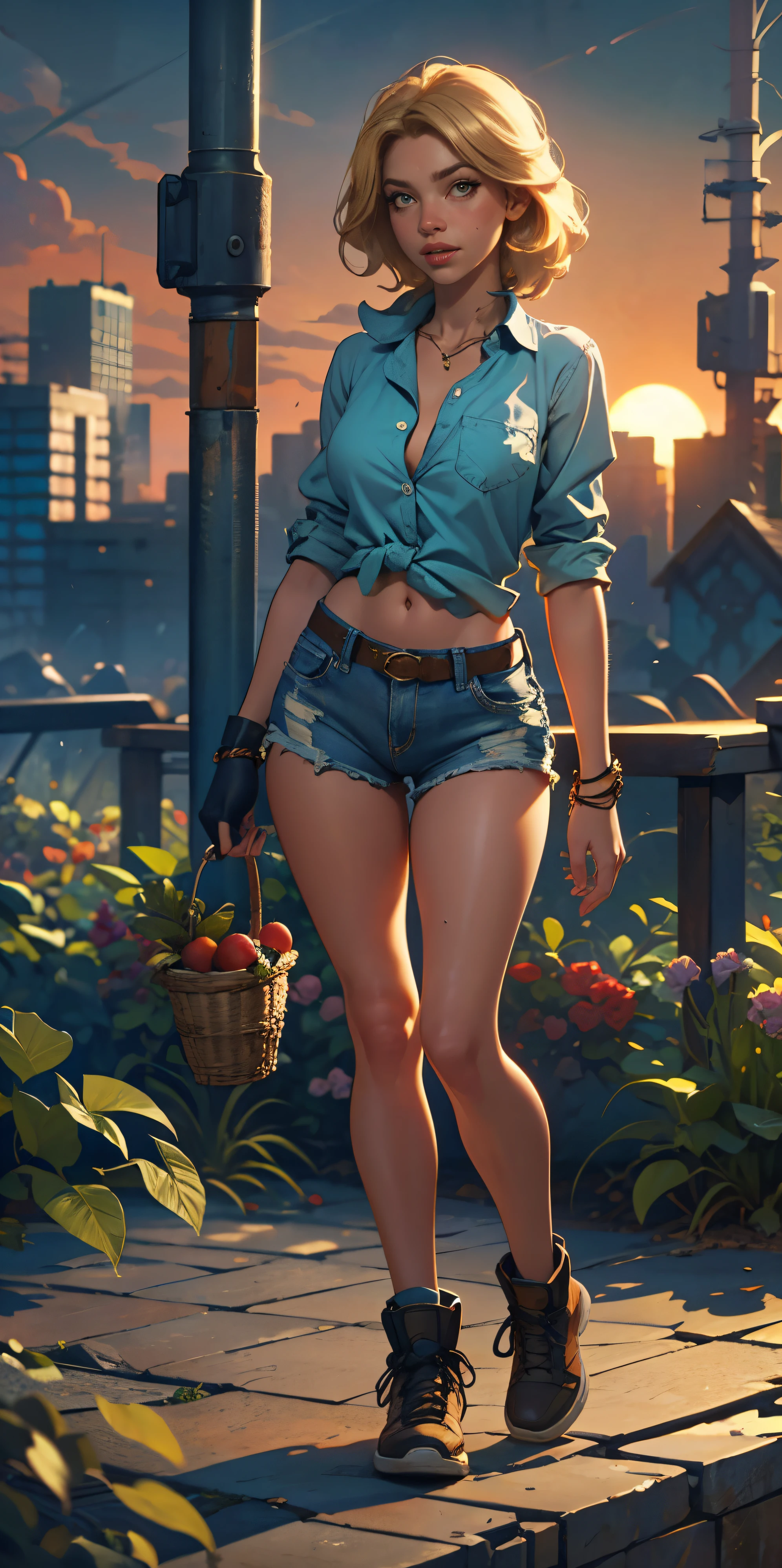 2076 year. The Urban Ruins of the Wasteland, Female huntress picking fruit in the garden, beautiful face, blonde, torn shirt and denim shorts , long legs, sweating through, sun rising, Nice warm colors, head to toe full body shot