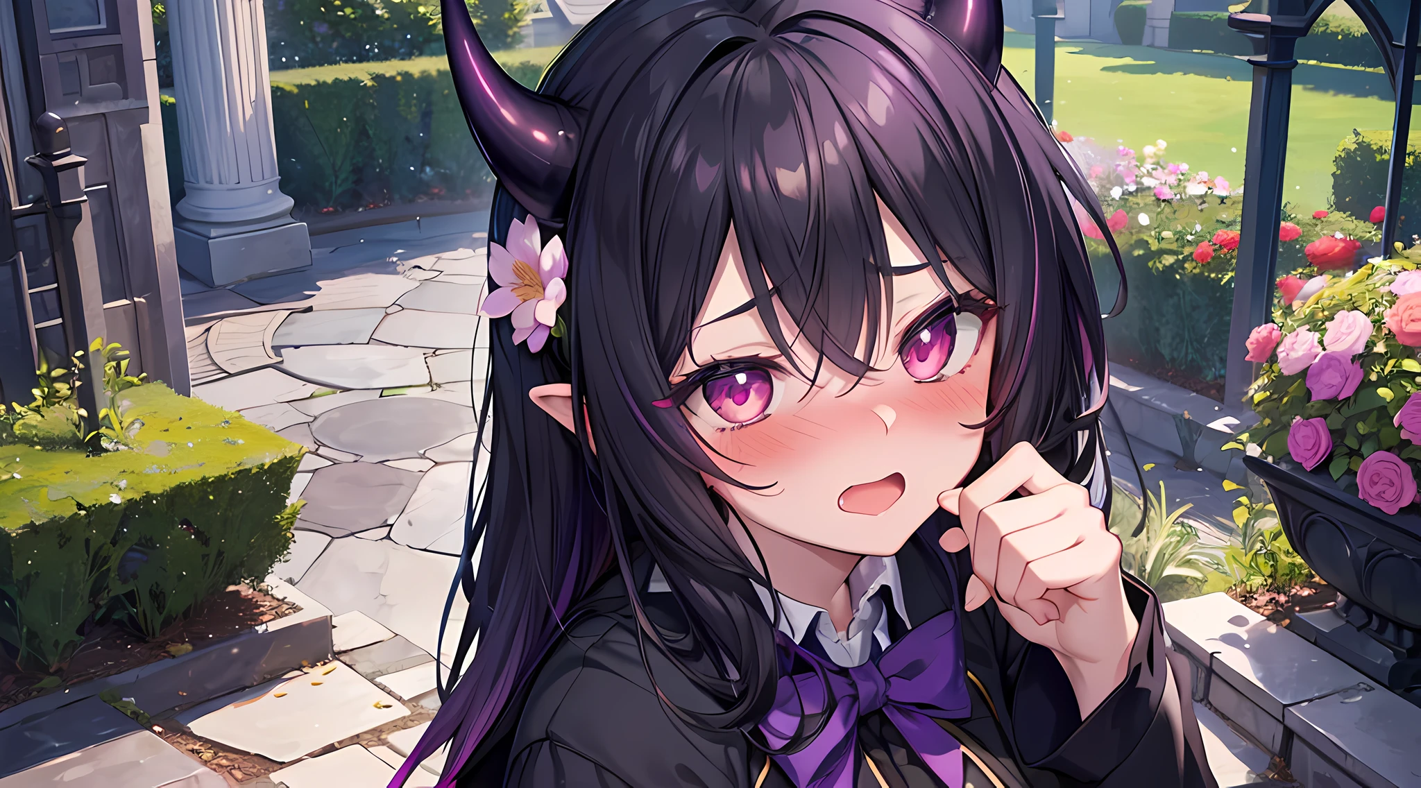 masterpieces, 8k, ultra HD, demon girl, (black hair color) hogwarts uniform, elegant pose standing in garden, hand, demon girl, demon horn, purple hair, glare, (blushing: 1.5), open mouth, licking finger, heart eyes, in garden full of flower, daytime