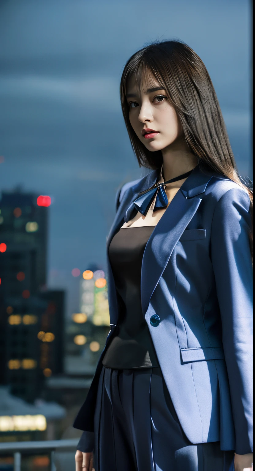wearing a conservative suit。accessories around the neck