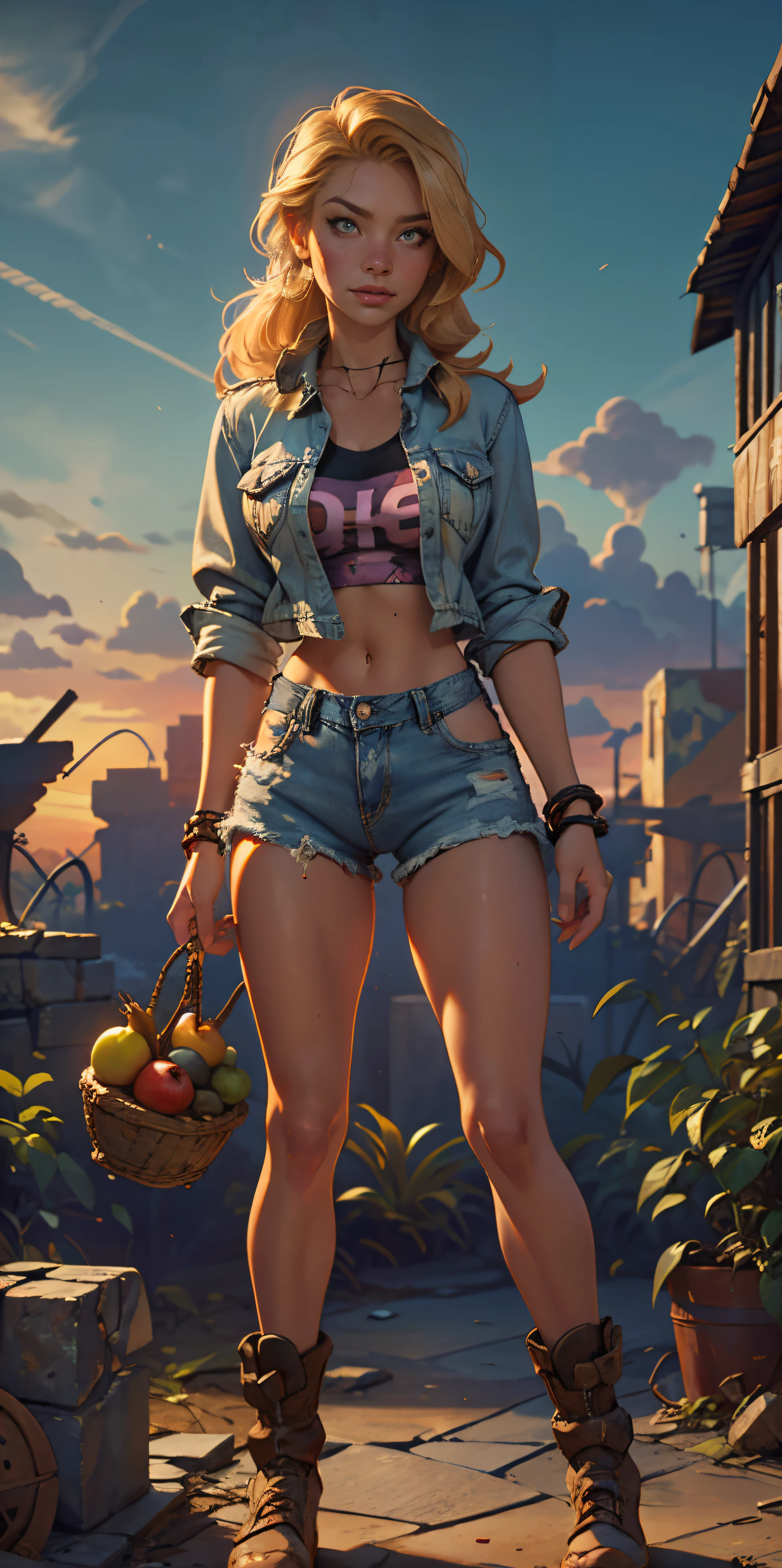 2076 year. The Urban Ruins of the Wasteland, Female huntress picking fruit in the garden, beautiful face, blonde, torn shirt and denim shorts , long legs, sweating through, sun rising, Nice warm colors, head to toe full body shot