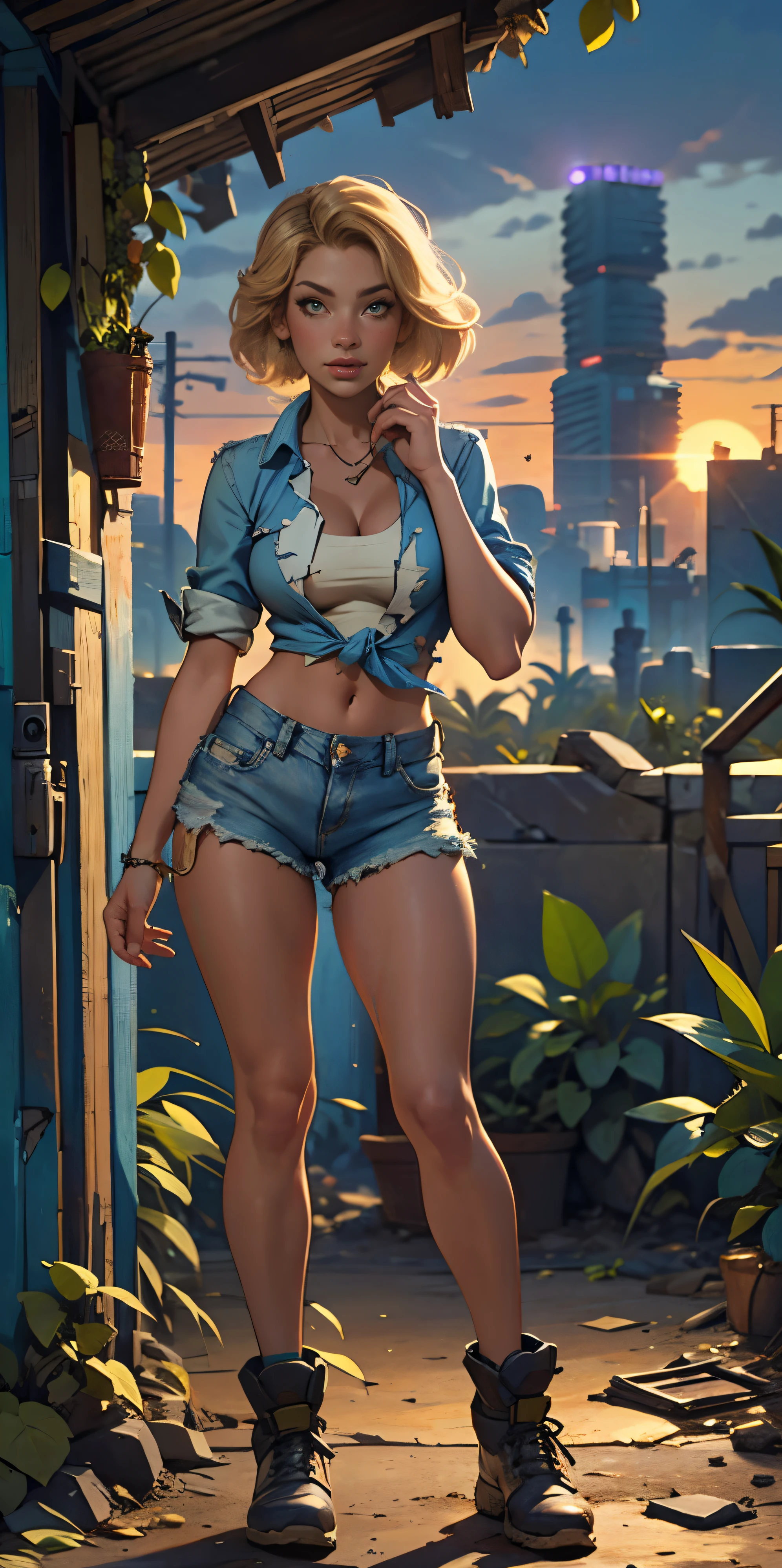 2076 year. The Urban Ruins of the Wasteland, Female huntress picking fruit in the garden, beautiful face, blonde, torn shirt and denim shorts , long legs, sweating through, sun rising, Nice warm colors, head to toe full body shot