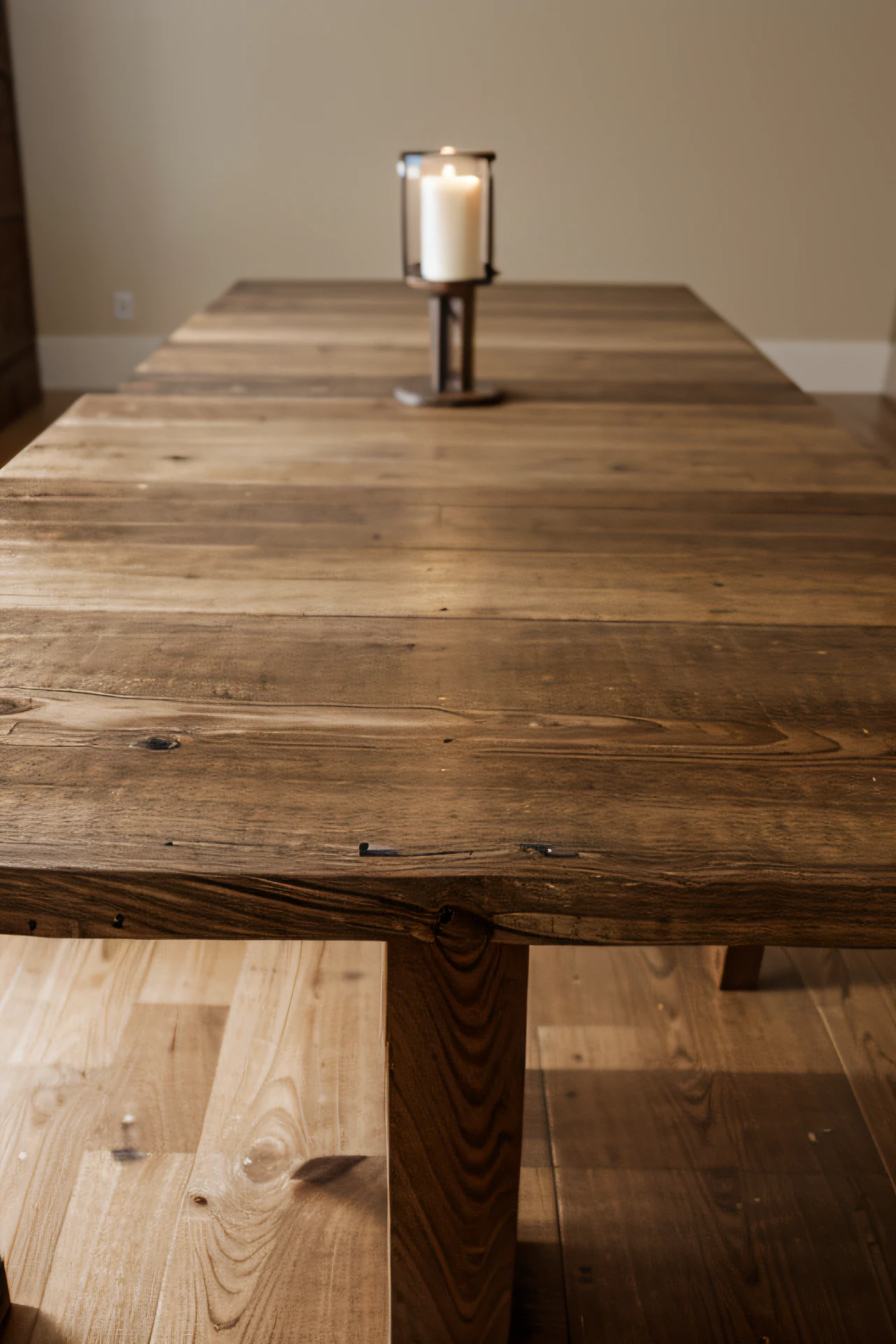 a front view of a light rustic brown, empty wooden table for product placement with blurry background, serving as a blank wood table mockup